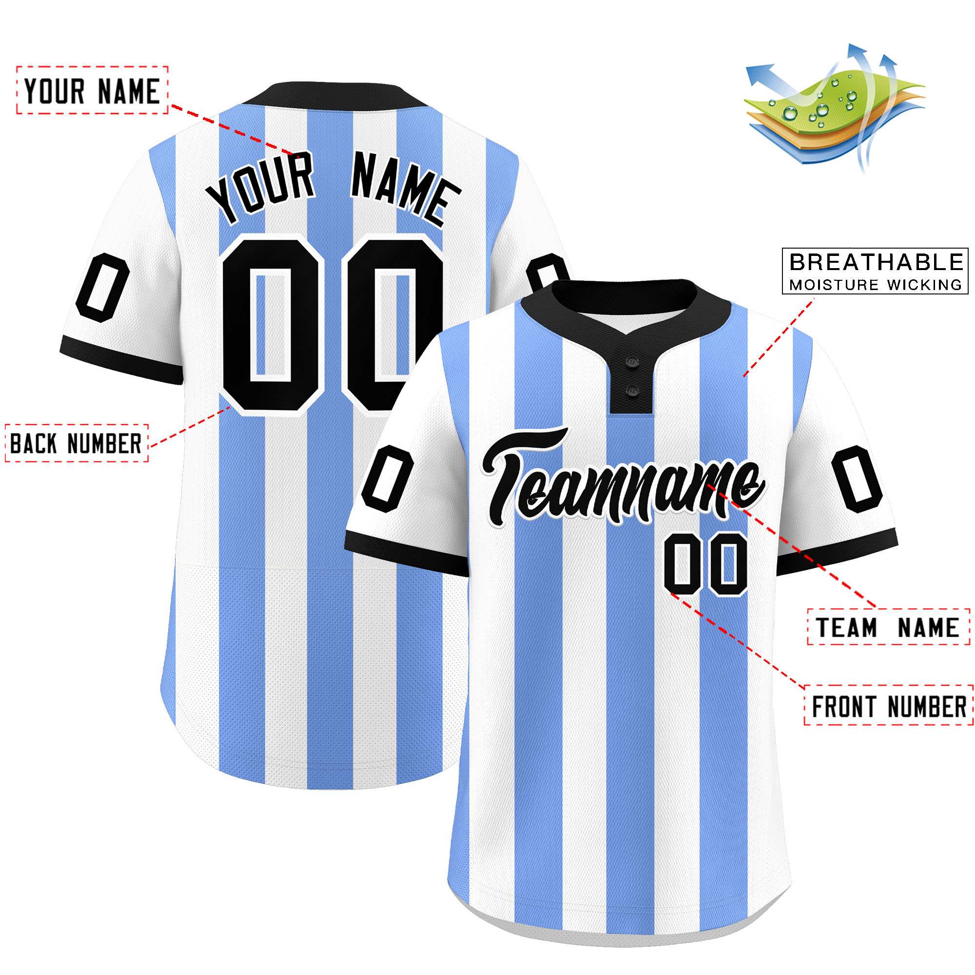 Custom White Light Blue Stripe Fashion Authentic Two-Button Baseball Jersey