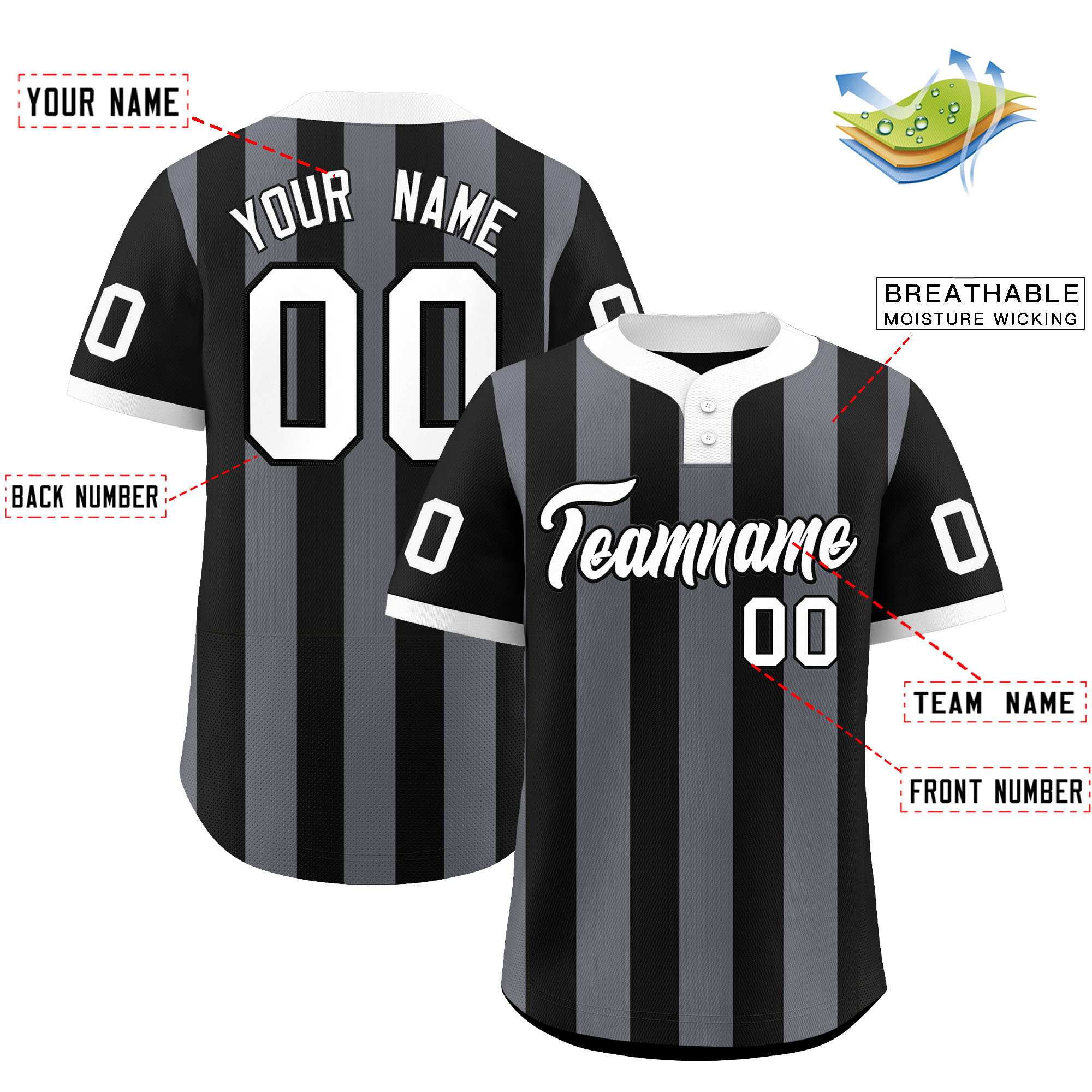 Custom Black Dark Gray Stripe Fashion Authentic Two-Button Baseball Jersey