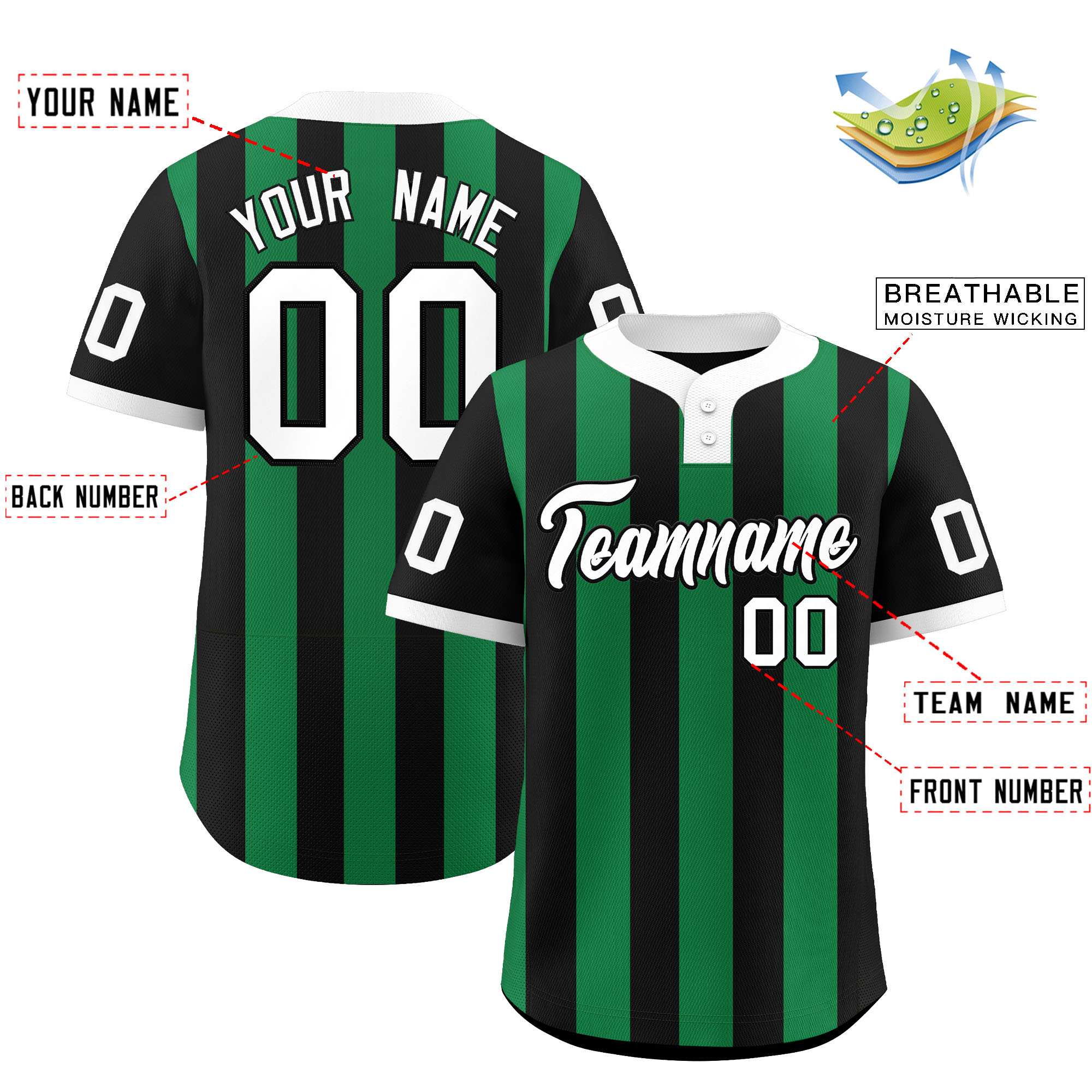 Custom Black Kelly Green Stripe Fashion Authentic Two-Button Baseball Jersey