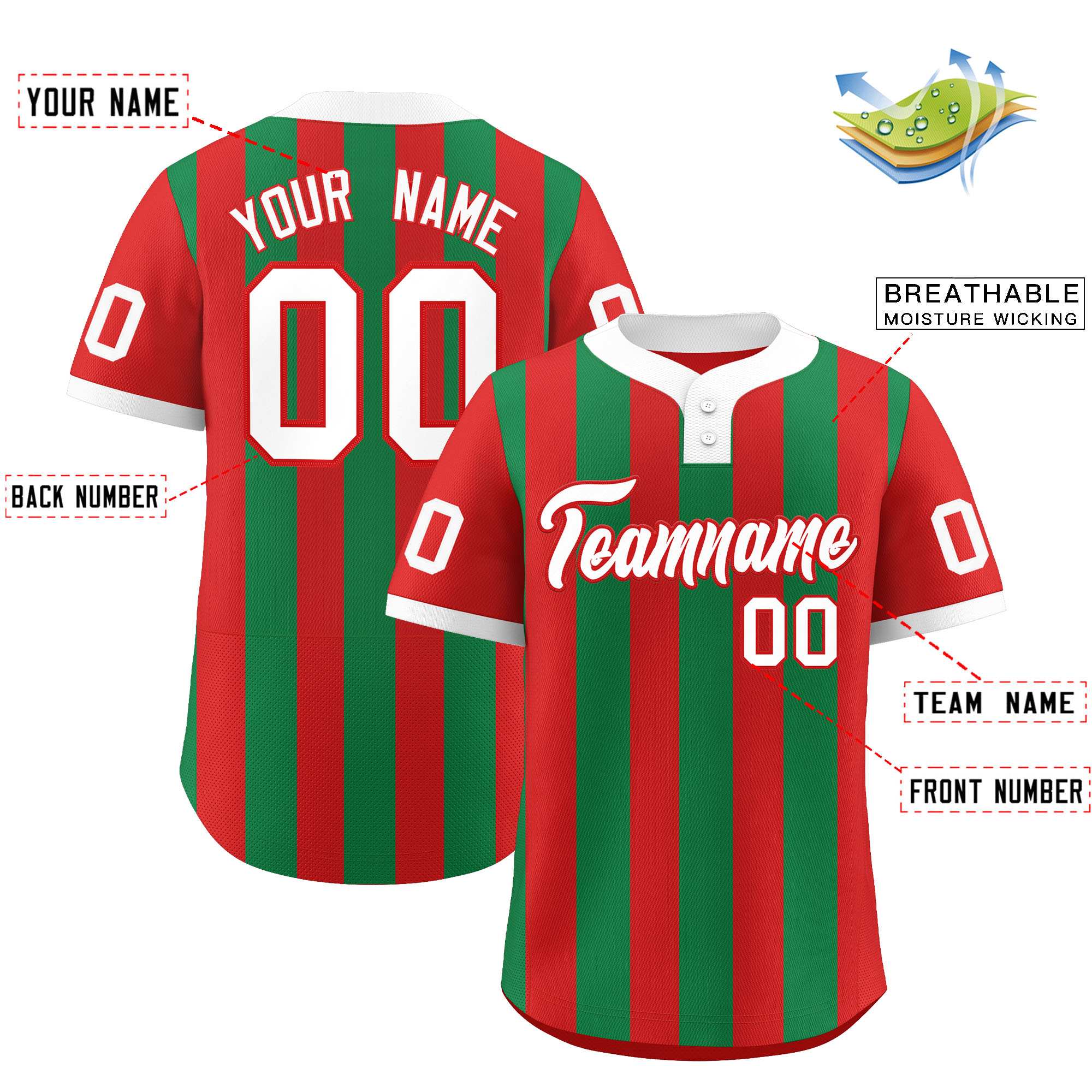 Custom Red Kelly Green Stripe Fashion Authentic Two-Button Baseball Jersey