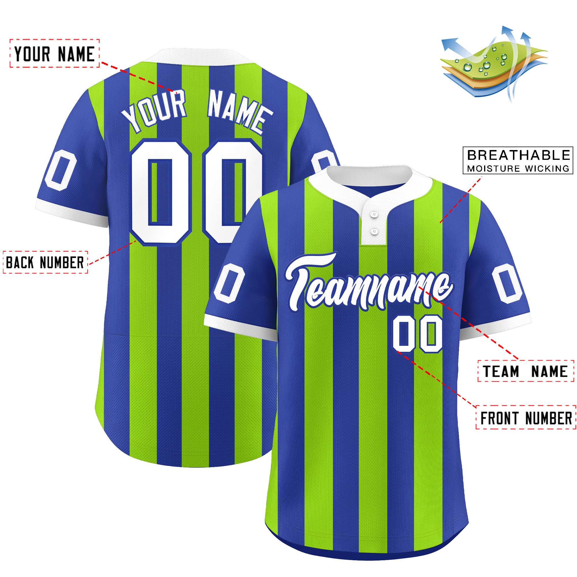 Custom Royal Neon Green Stripe Fashion Authentic Two-Button Baseball Jersey