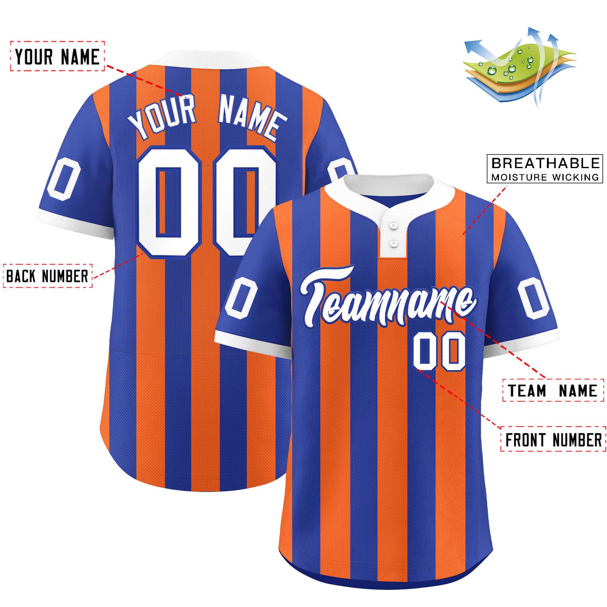 Custom Royal Orange Stripe Fashion Authentic Two-Button Baseball Jersey