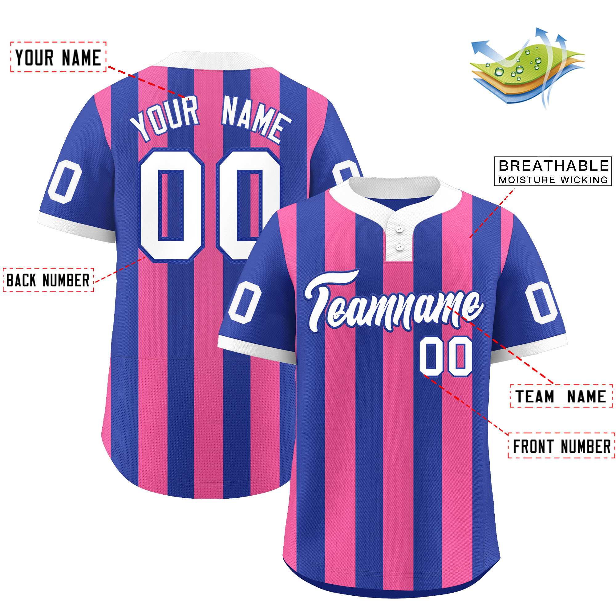 Custom Royal Pink Stripe Fashion Authentic Two-Button Baseball Jersey