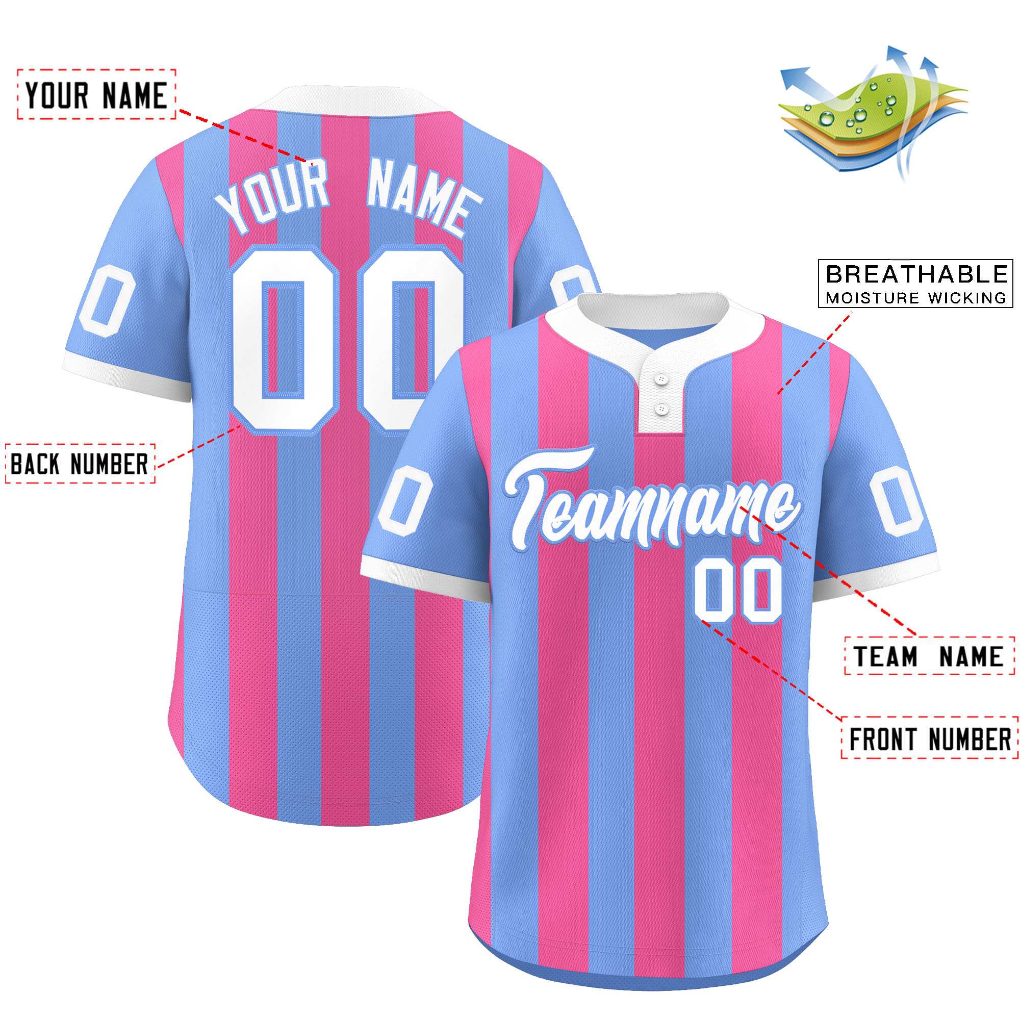 Custom Light Blue Pink Stripe Fashion Authentic Two-Button Baseball Jersey