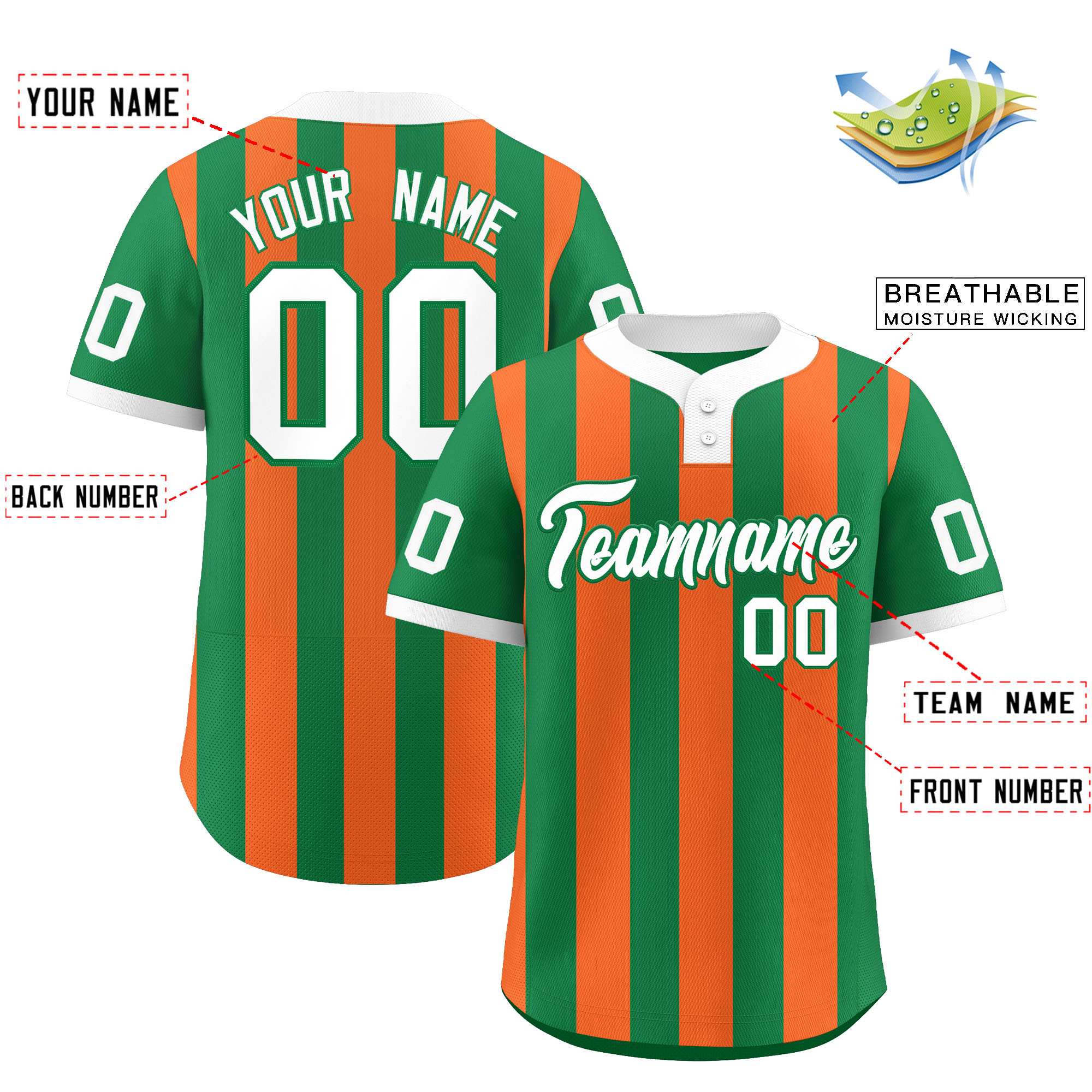 Custom Kelly Green Orange Stripe Fashion Authentic Two-Button Baseball Jersey