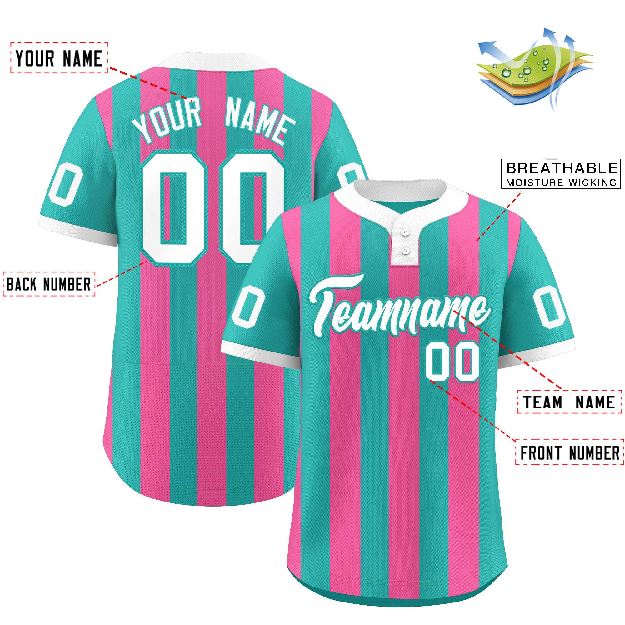 Custom Aqua Pink Stripe Fashion Authentic Two-Button Baseball Jersey