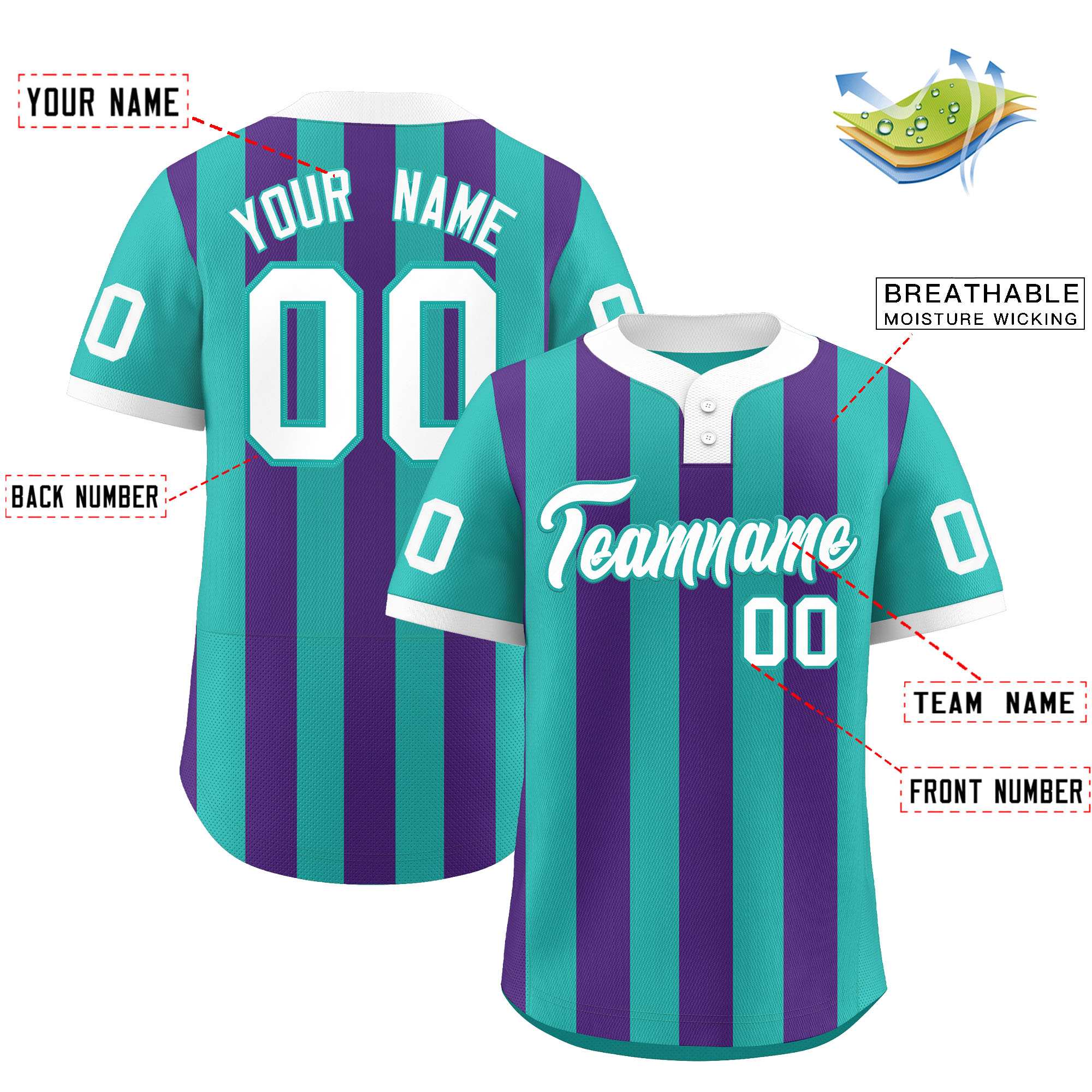 Custom Aqua Purple Stripe Fashion Authentic Two-Button Baseball Jersey