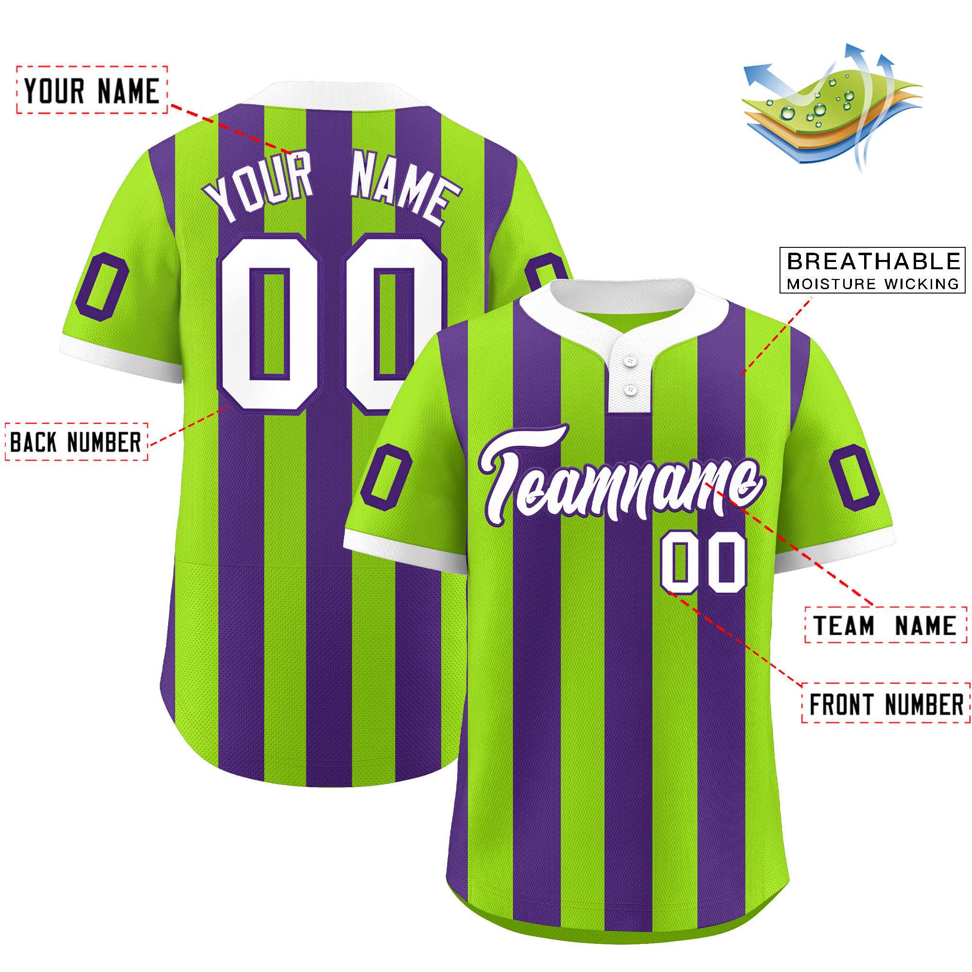 Custom Neon Green Purple Stripe Fashion Authentic Two-Button Baseball Jersey