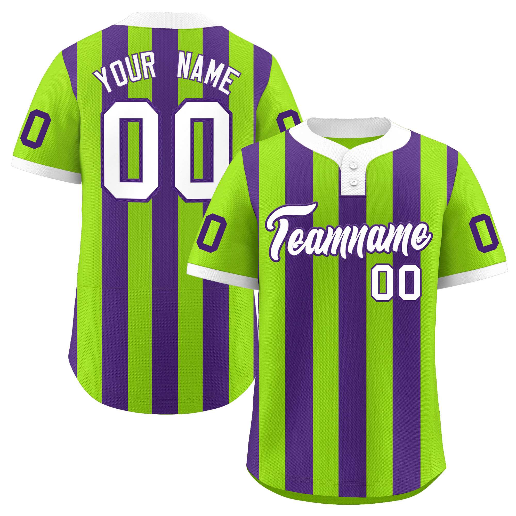 Custom Neon Green Purple Stripe Fashion Authentic Two-Button Baseball Jersey