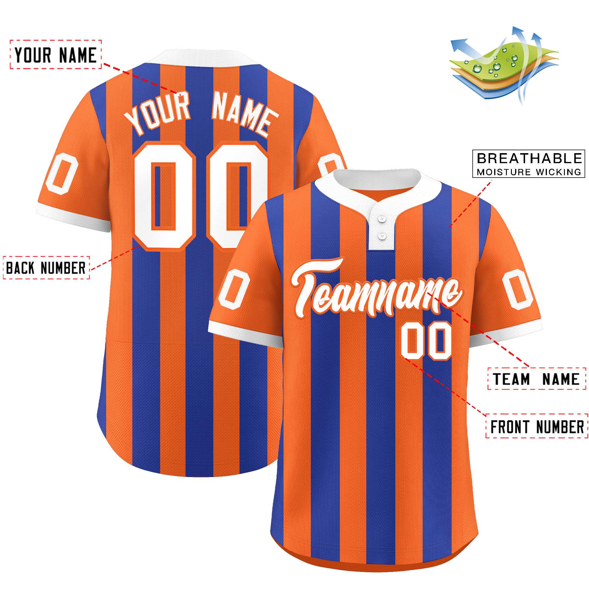 Custom Orange Royal Stripe Fashion Authentic Two-Button Baseball Jersey