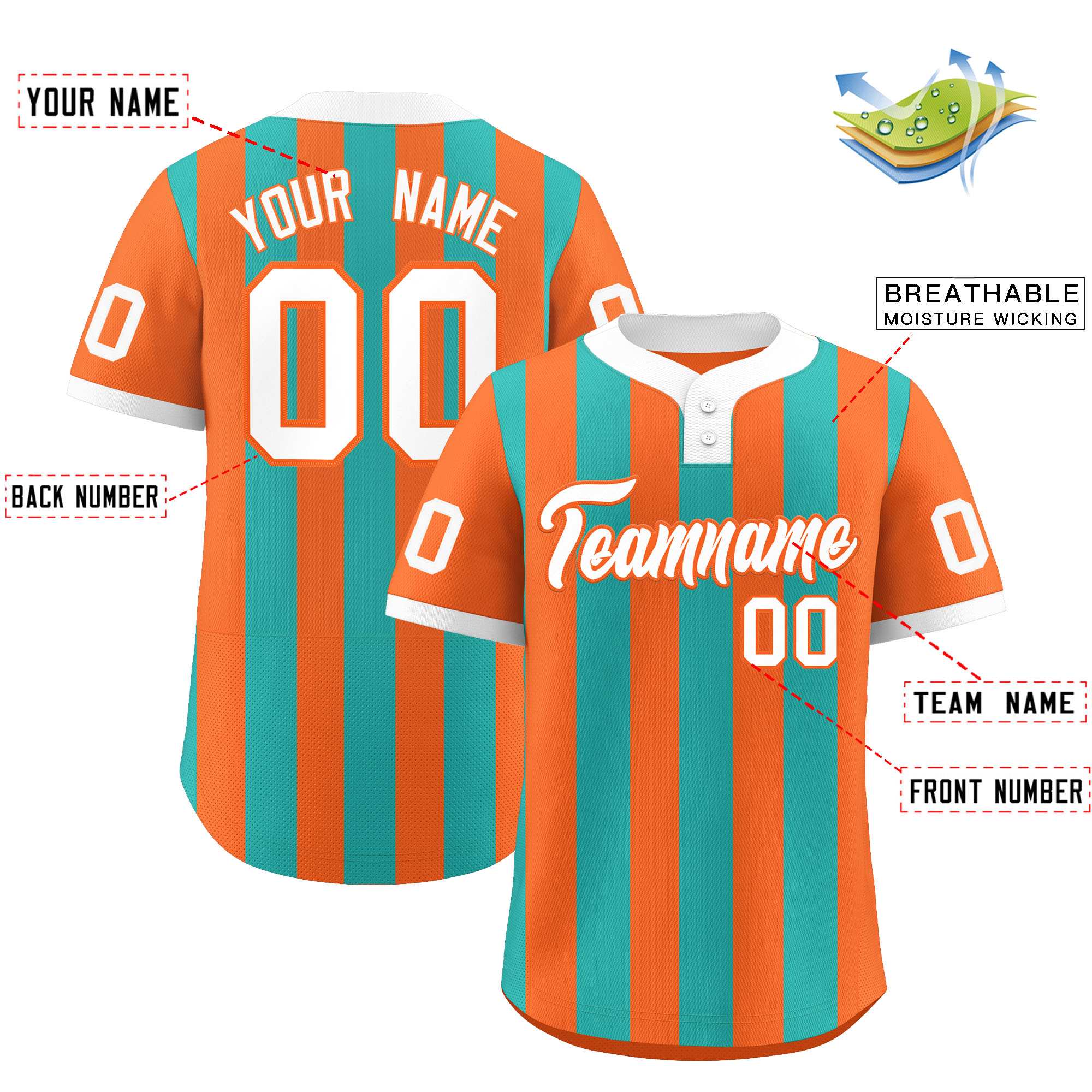 Custom Orange Aqua Stripe Fashion Authentic Two-Button Baseball Jersey