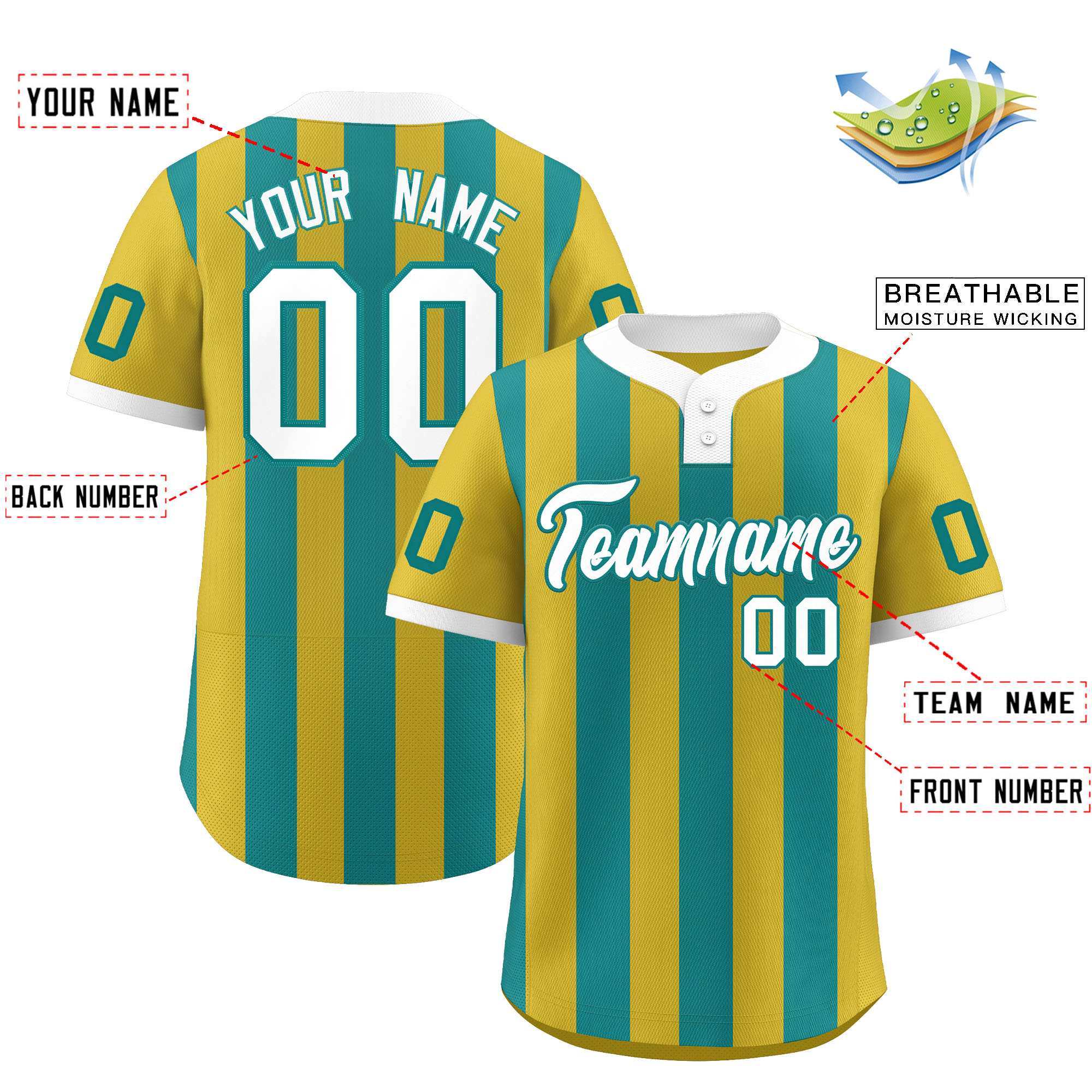 Custom Old Gold Aqua Stripe Fashion Authentic Two-Button Baseball Jersey