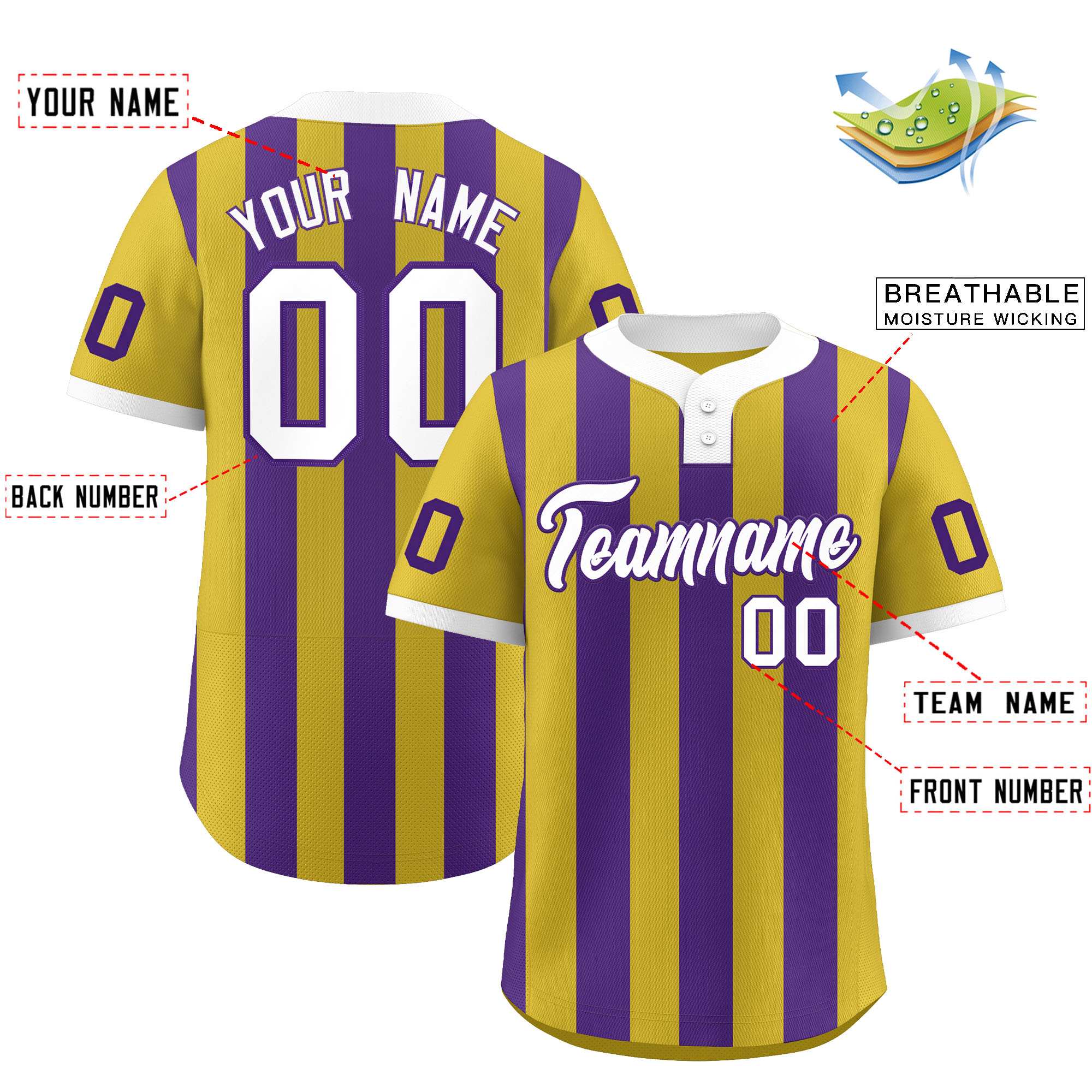 Custom Old Gold Purple Stripe Fashion Authentic Two-Button Baseball Jersey