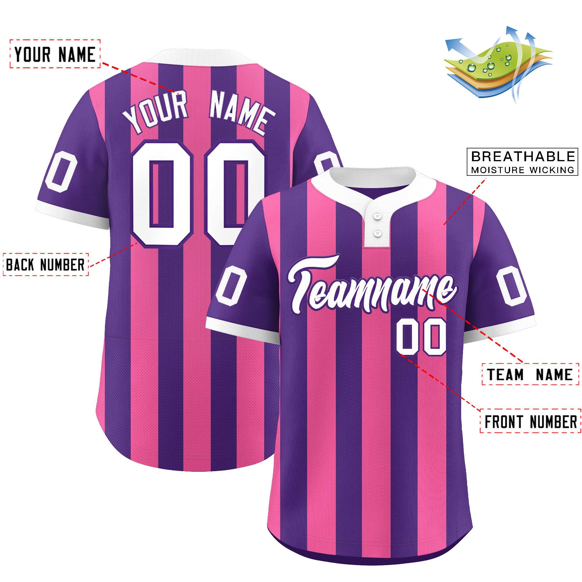 Custom Purple Pink Stripe Fashion Authentic Two-Button Baseball Jersey