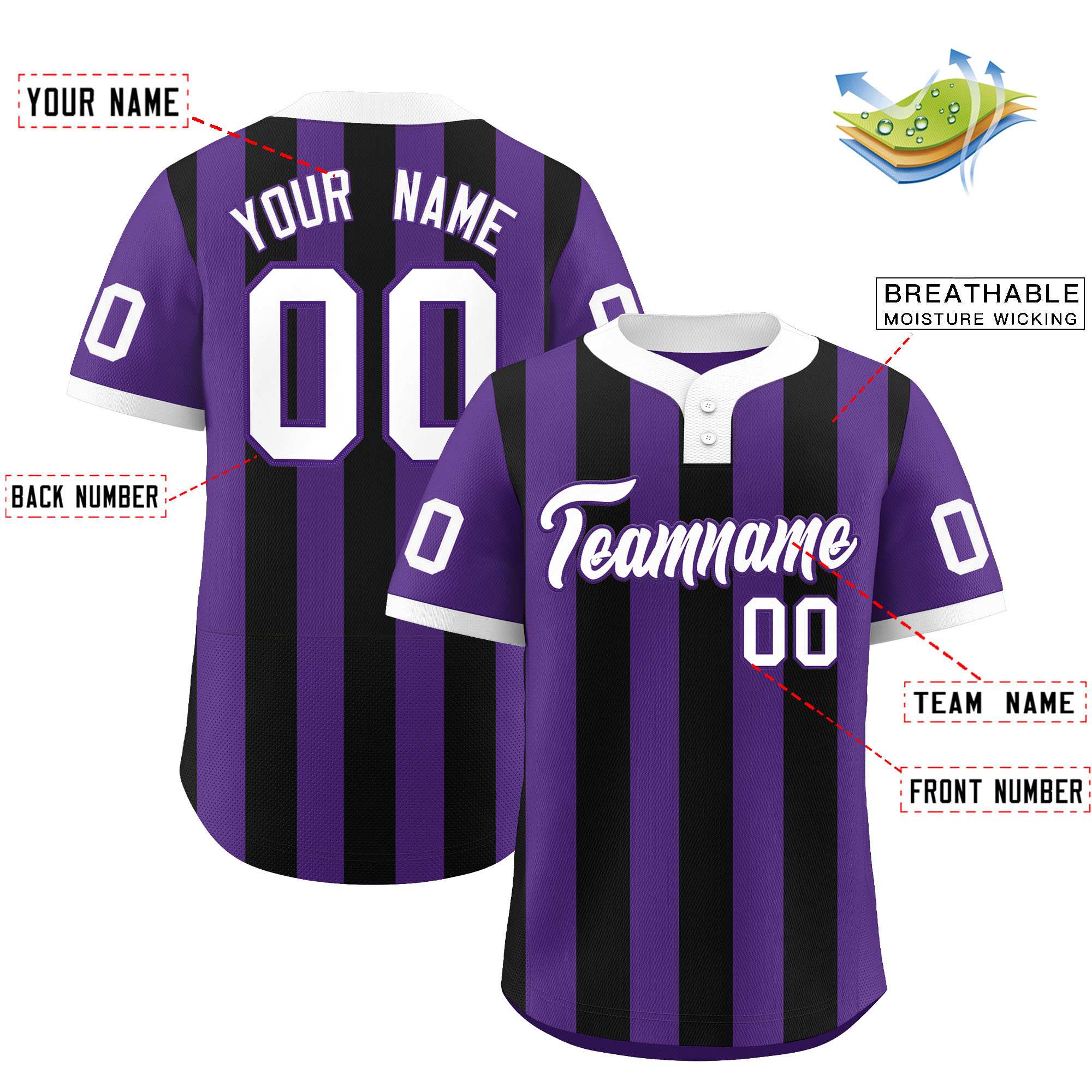 Custom Purple Black Stripe Fashion Authentic Two-Button Baseball Jersey