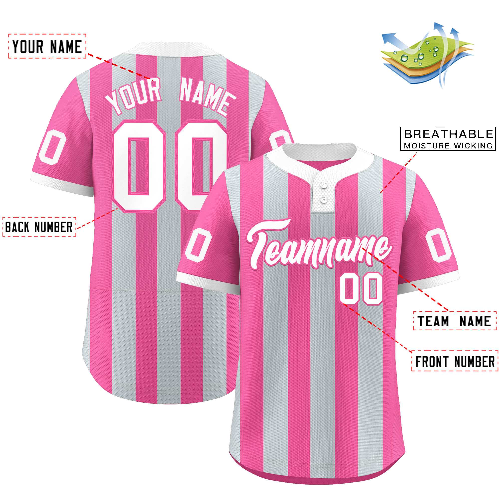 Custom Silver Pink Stripe Fashion Authentic Two-Button Baseball Jersey