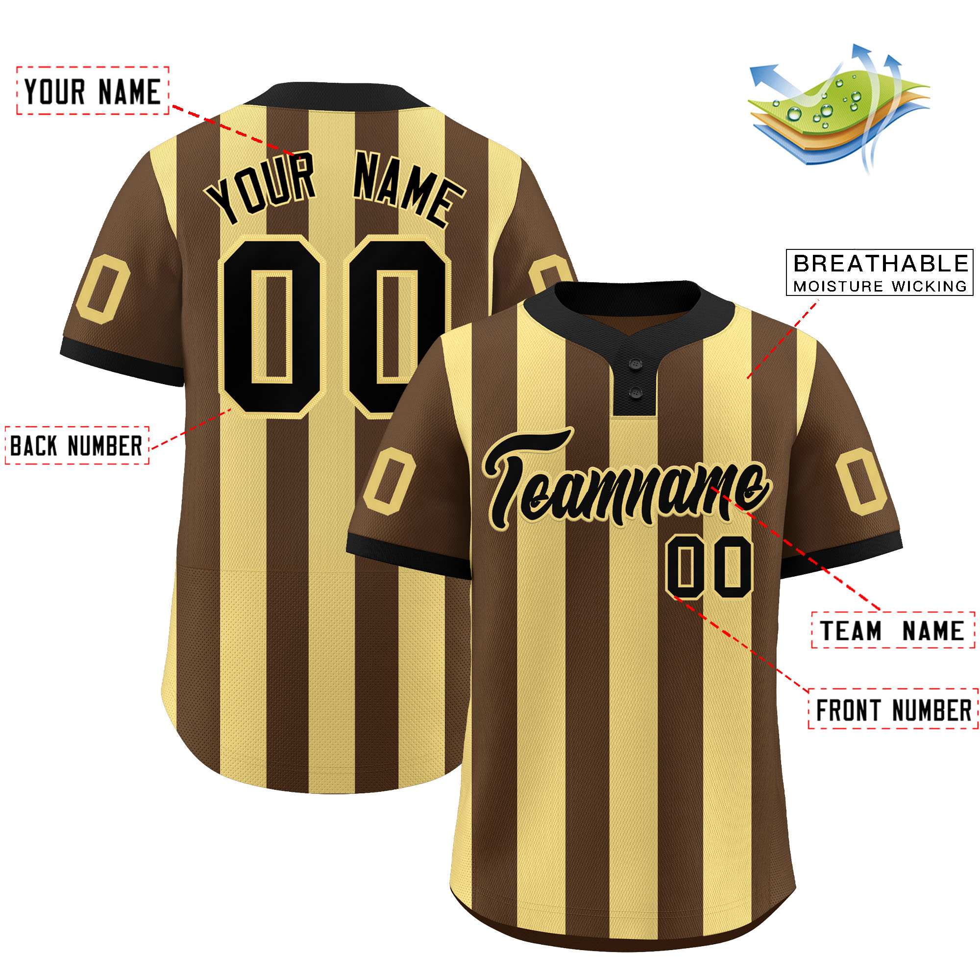 Custom Brown Khaki Stripe Fashion Authentic Two-Button Baseball Jersey