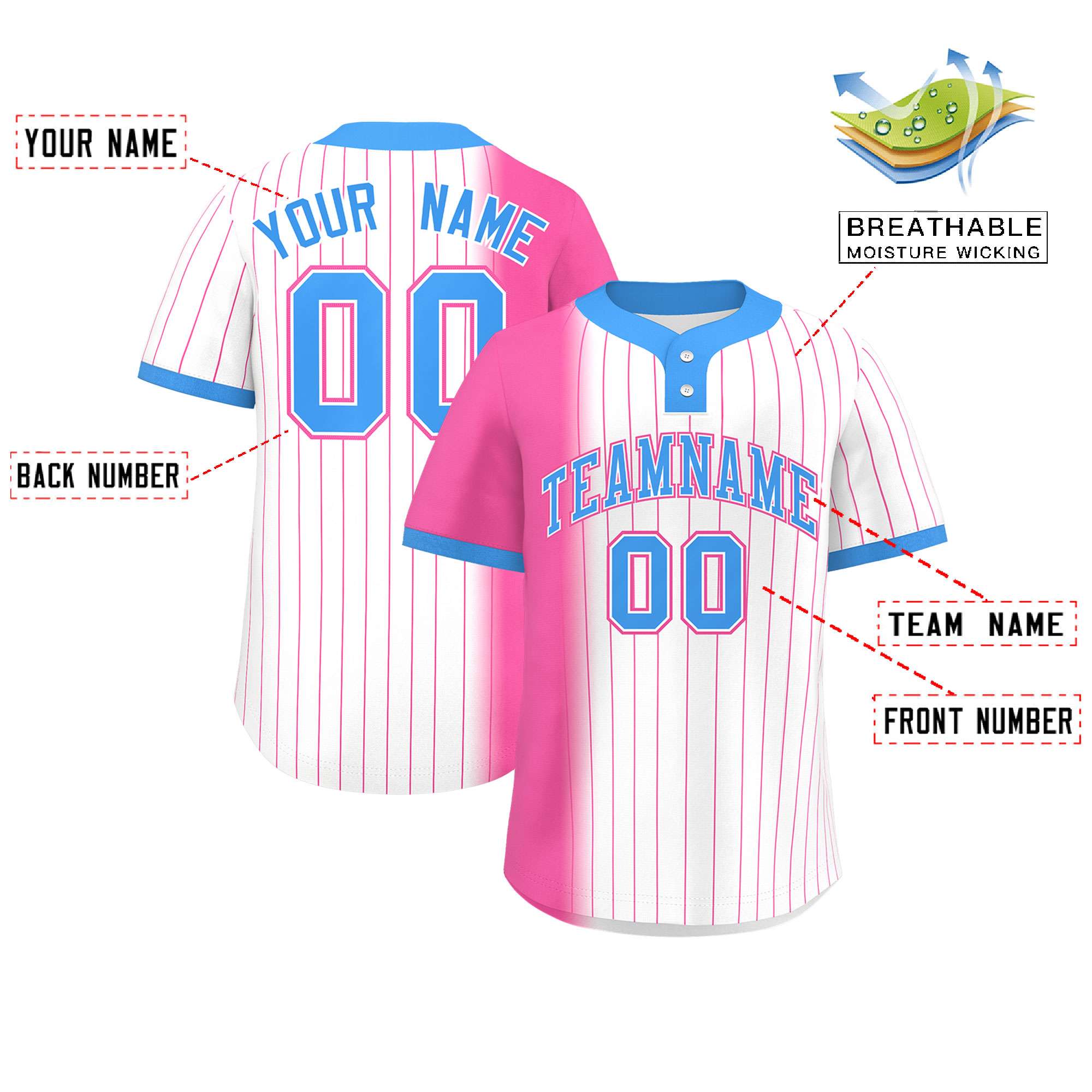 Custom Pink White-Powder Blue Gradient Stripe Fashion Authentic Two-Button Baseball Jersey