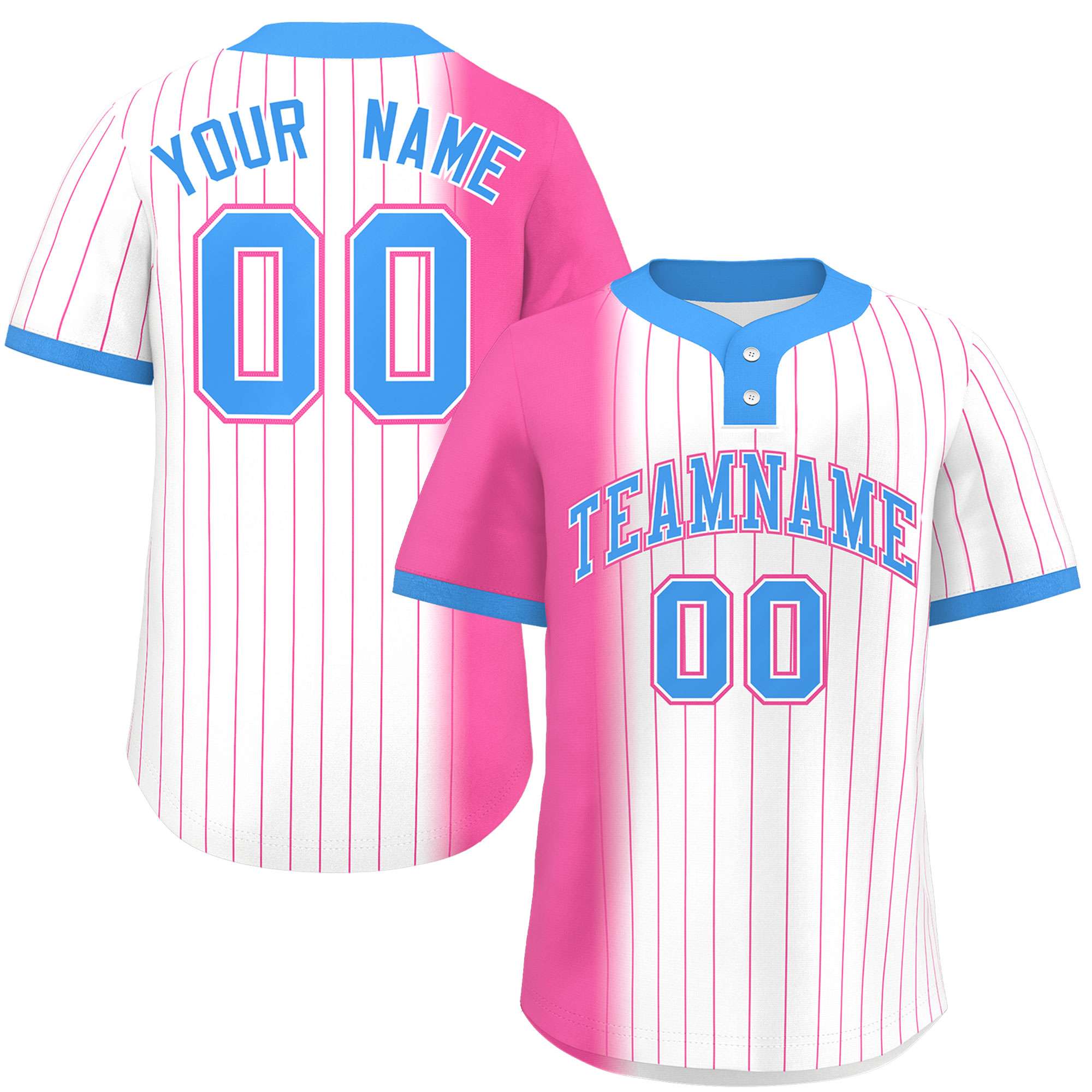 Custom Pink White-Powder Blue Gradient Stripe Fashion Authentic Two-Button Baseball Jersey