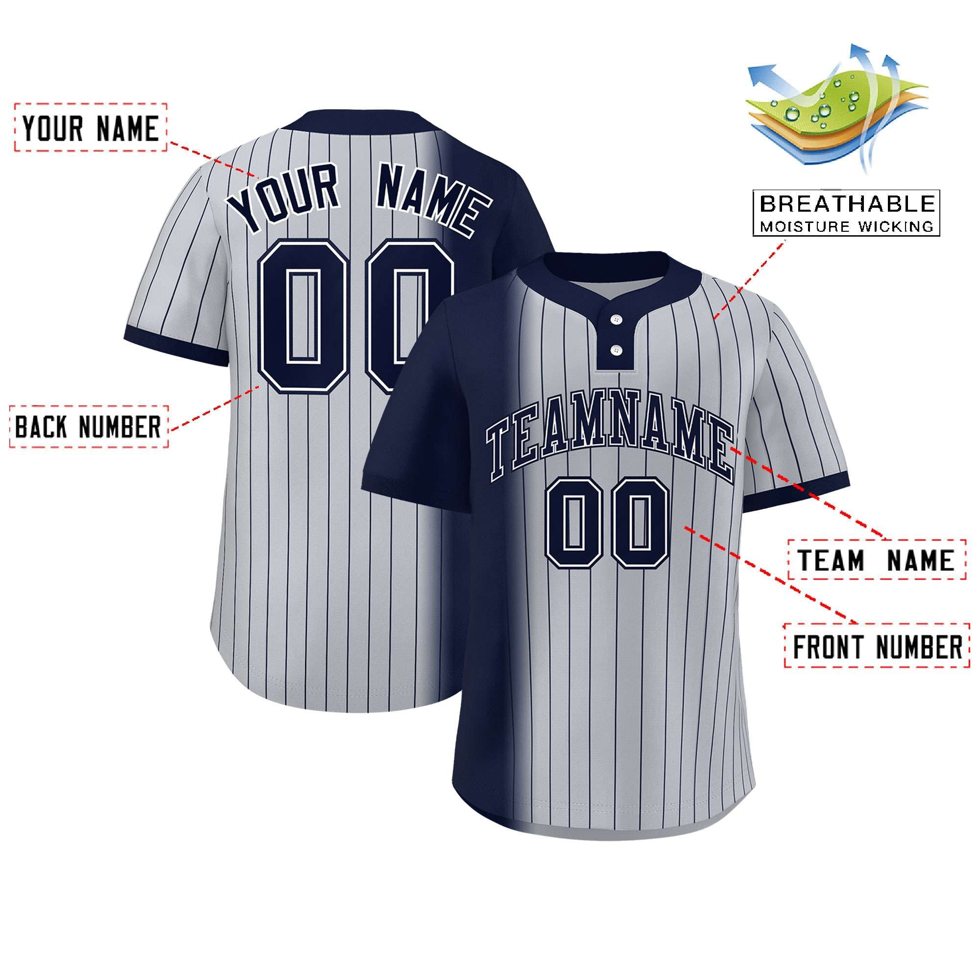 Custom Navy Gray Gradient Stripe Fashion Authentic Two-Button Baseball Jersey