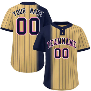 Custom Navy Old Gold Gradient Stripe Fashion Authentic Two-Button Baseball Jersey