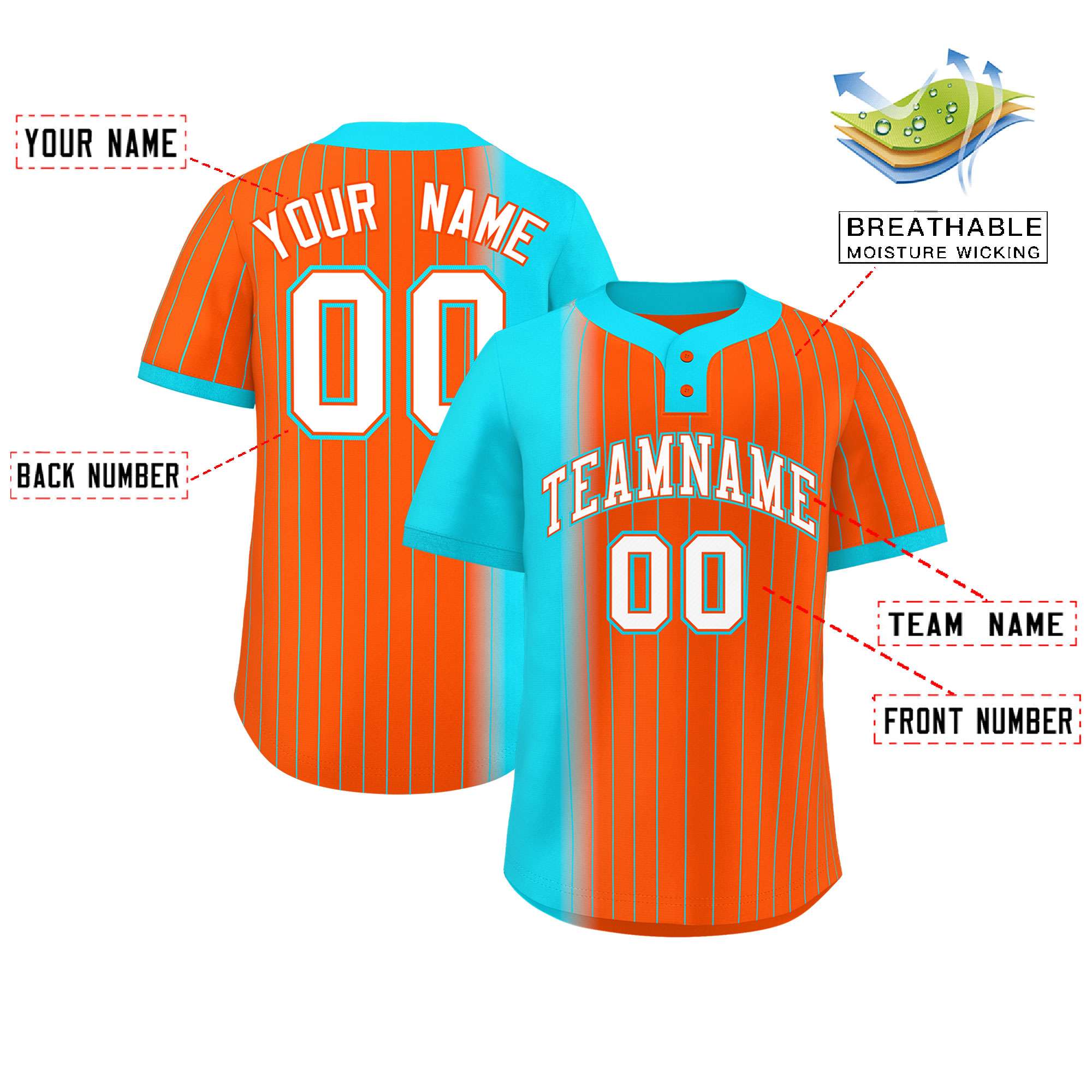 Custom Sky Blue Orange Gradient Stripe Fashion Authentic Two-Button Baseball Jersey