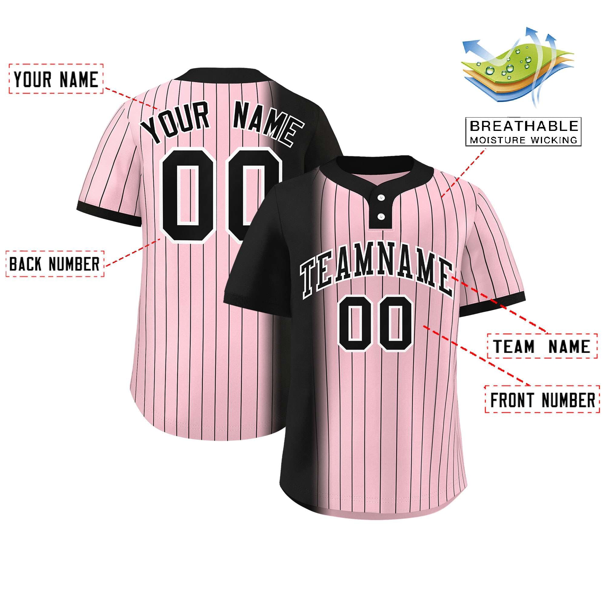 Custom Black Light Pink Gradient Stripe Fashion Authentic Two-Button Baseball Jersey