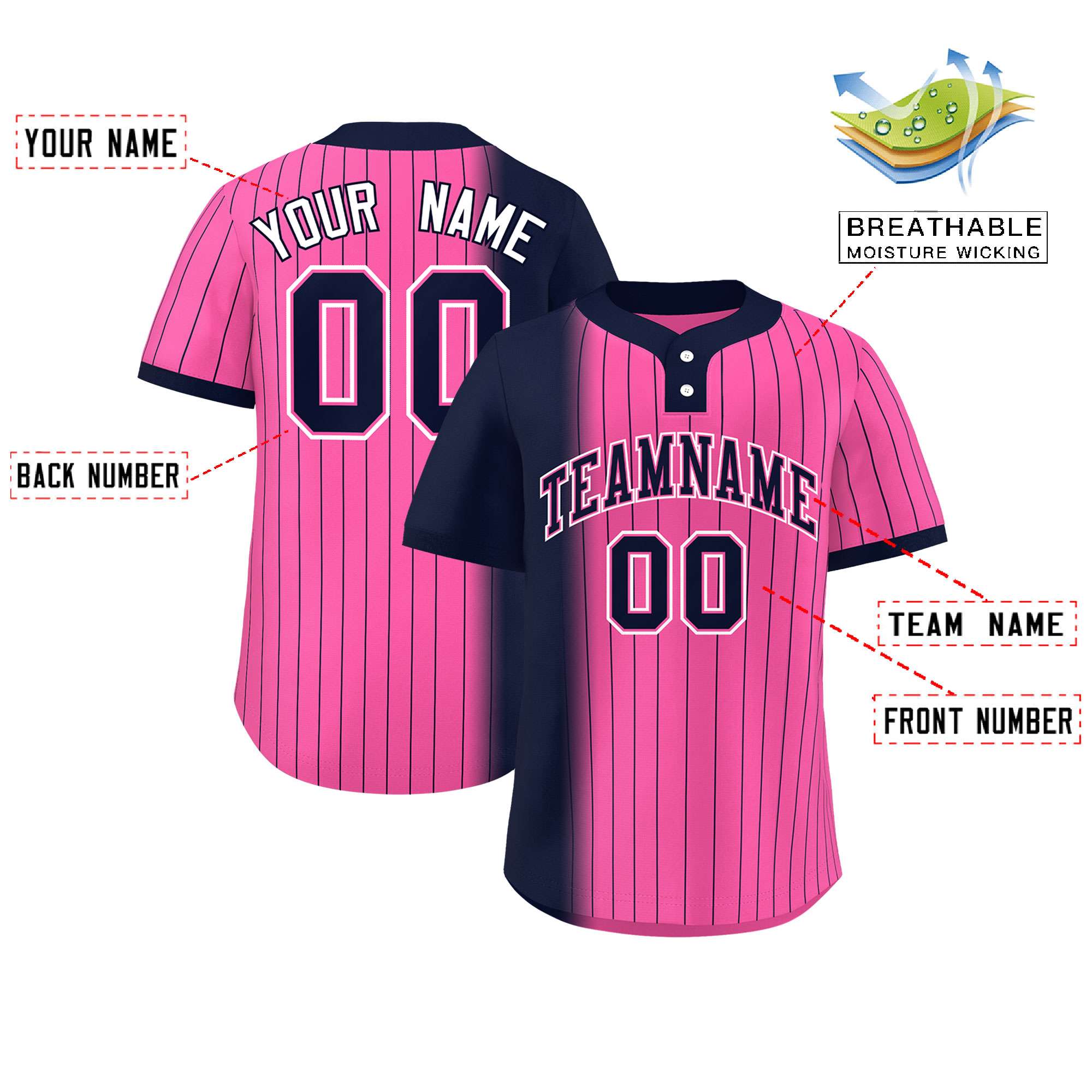 Custom Navy Pink Gradient Stripe Fashion Authentic Two-Button Baseball Jersey