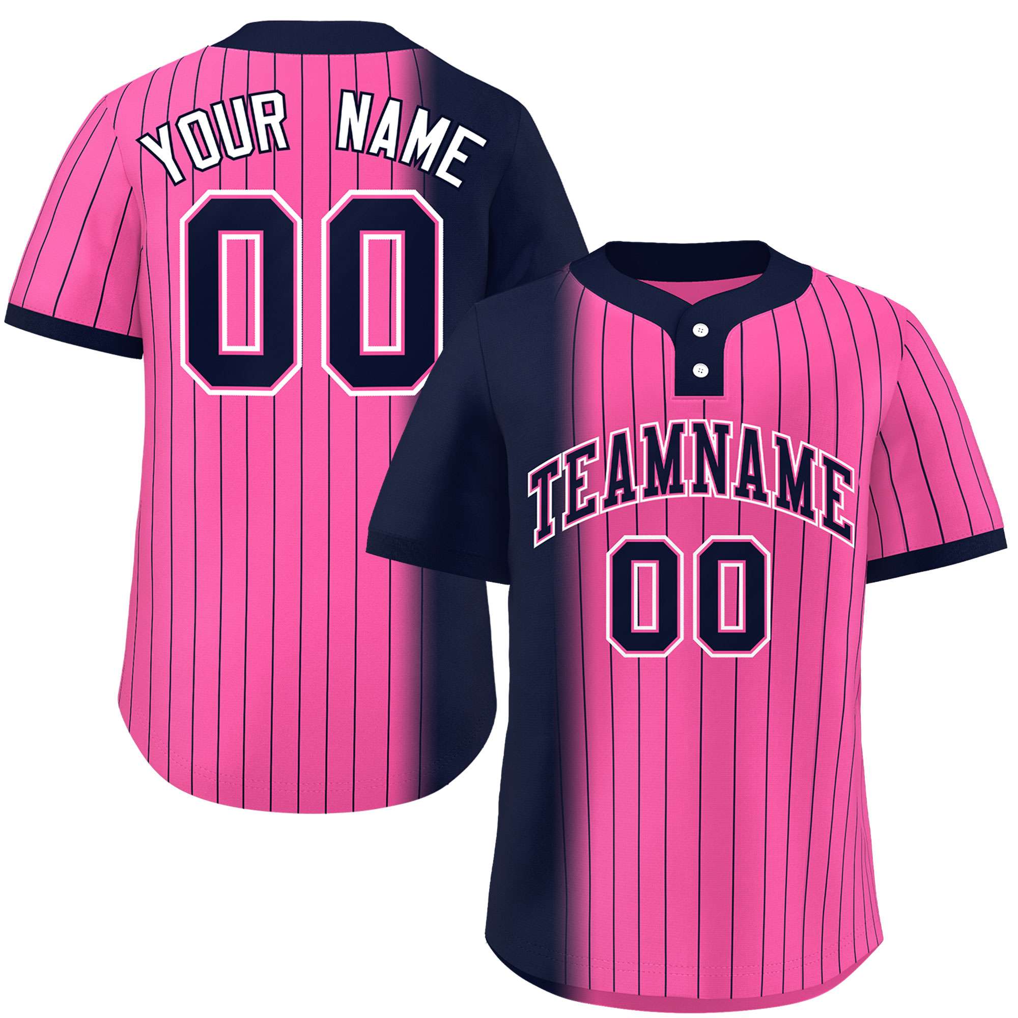 Custom Navy Pink Gradient Stripe Fashion Authentic Two-Button Baseball Jersey