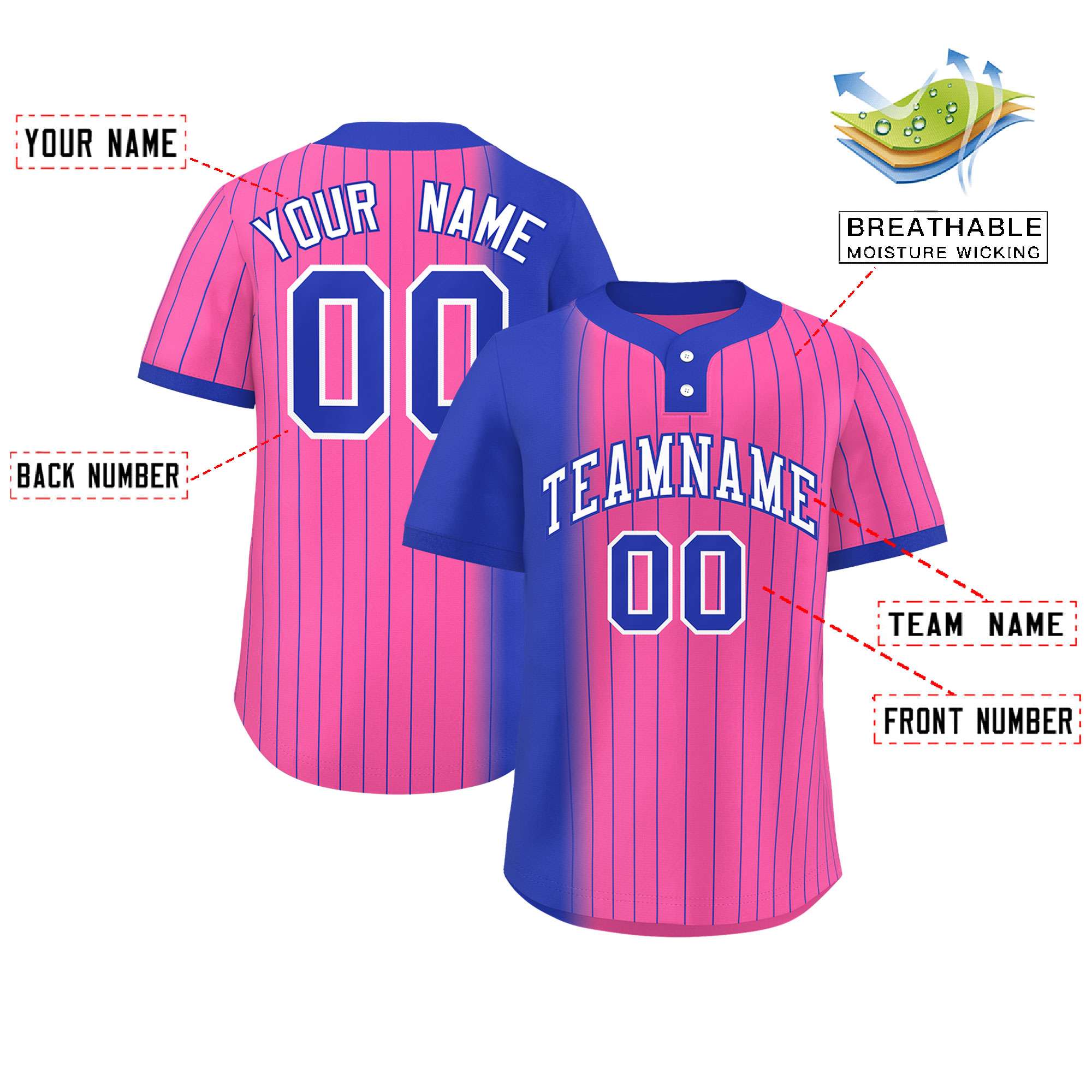 Custom Royal Pink Gradient Stripe Fashion Authentic Two-Button Baseball Jersey