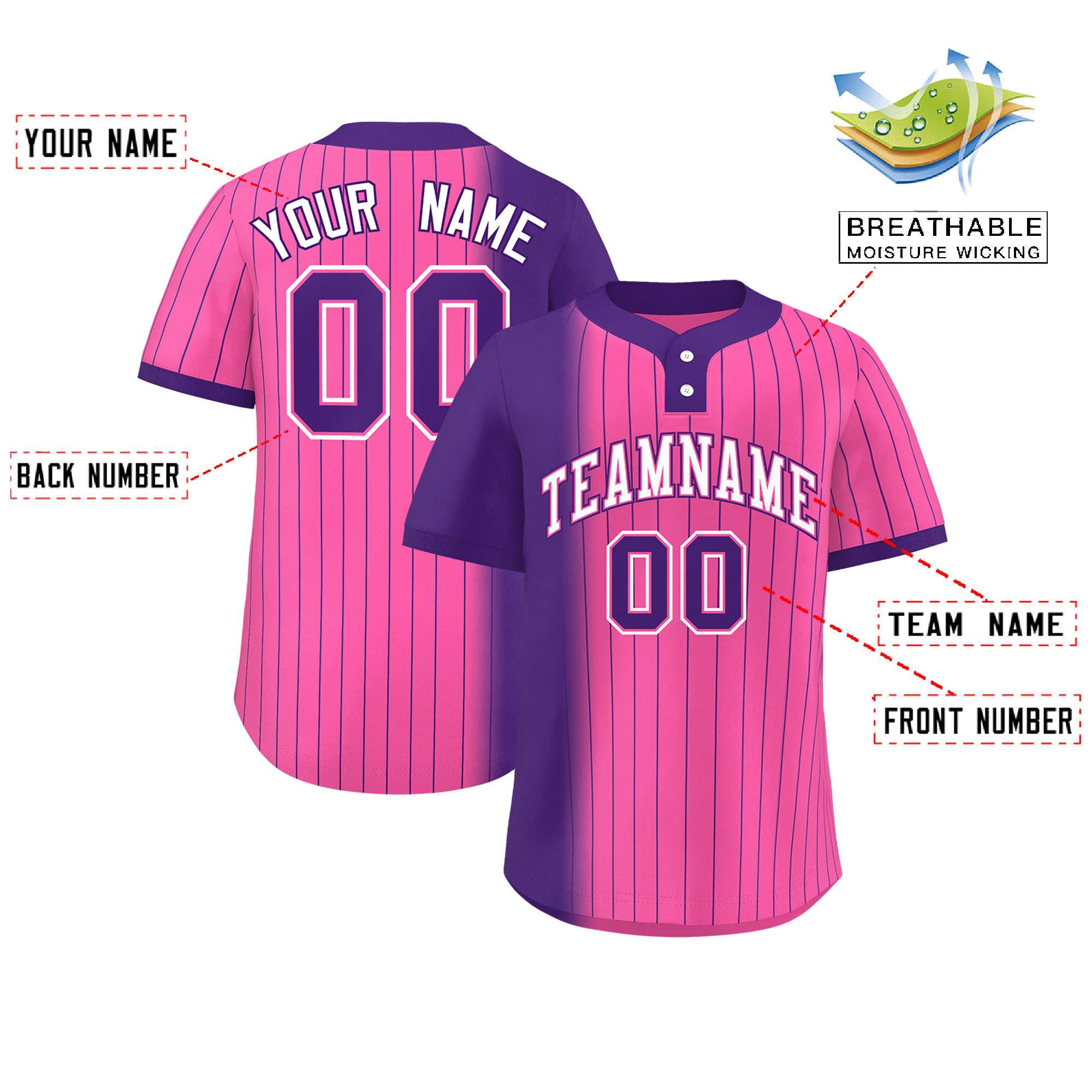 Custom Purple Pink Gradient Stripe Fashion Authentic Two-Button Baseball Jersey