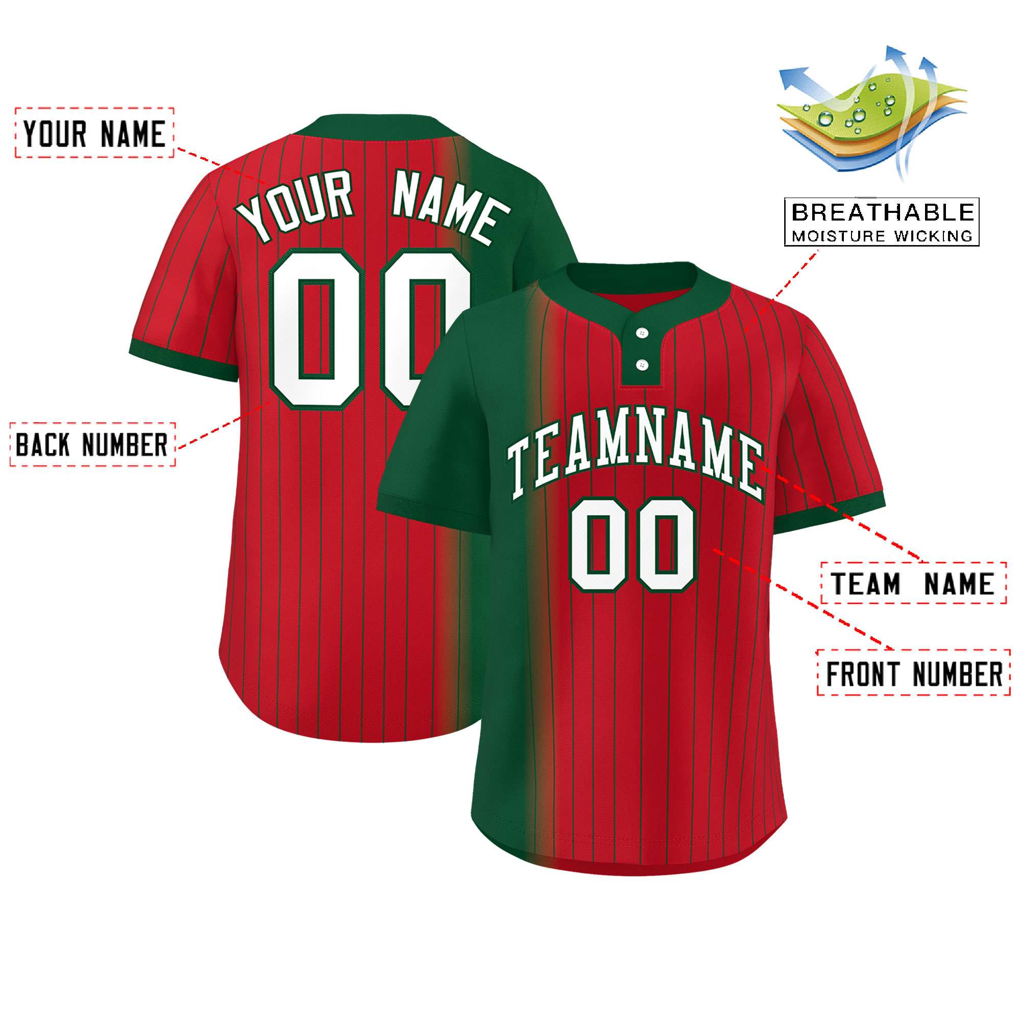 Custom Green Red Gradient Stripe Fashion Authentic Two-Button Baseball Jersey