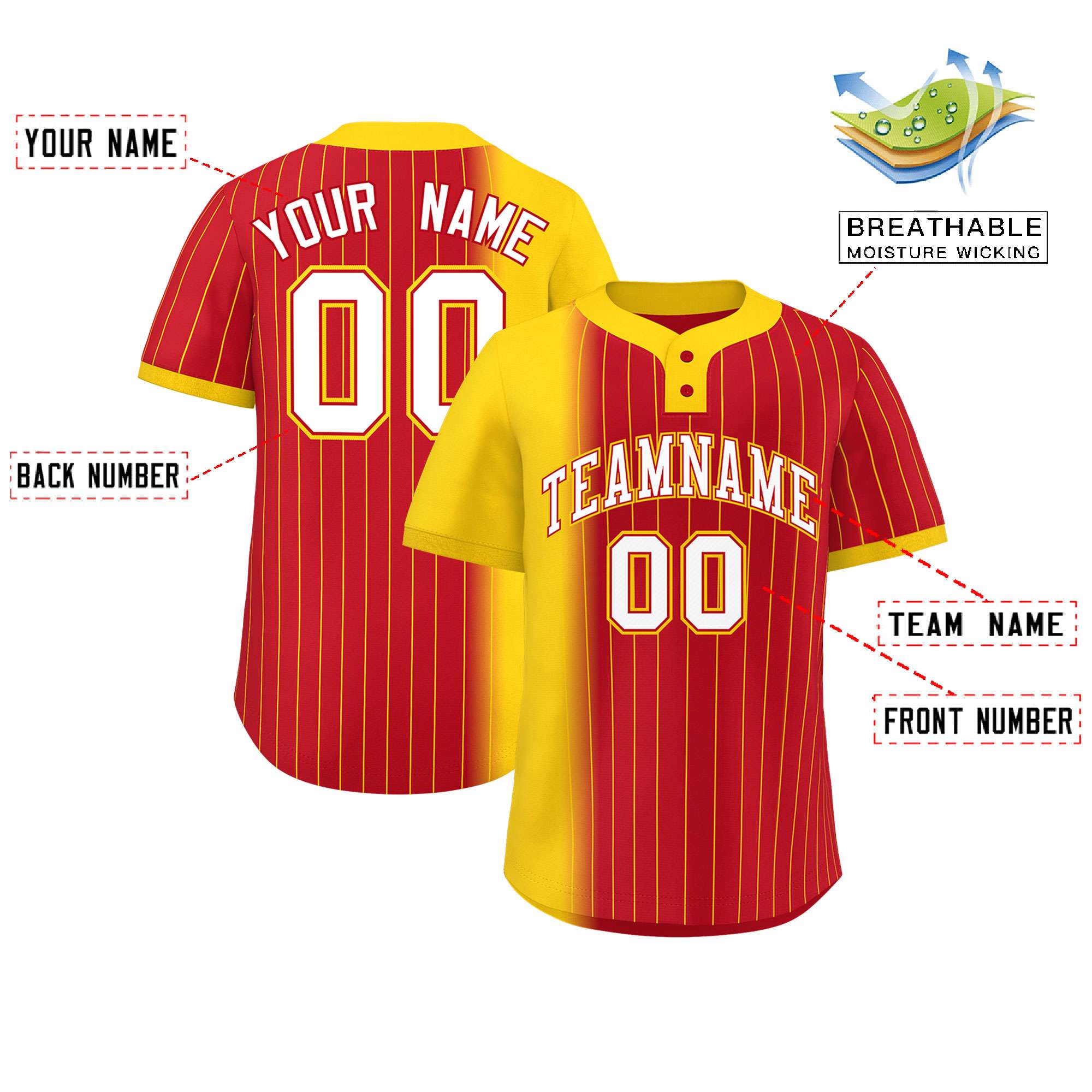 Custom Gold Red Gradient Stripe Fashion Authentic Two-Button Baseball Jersey