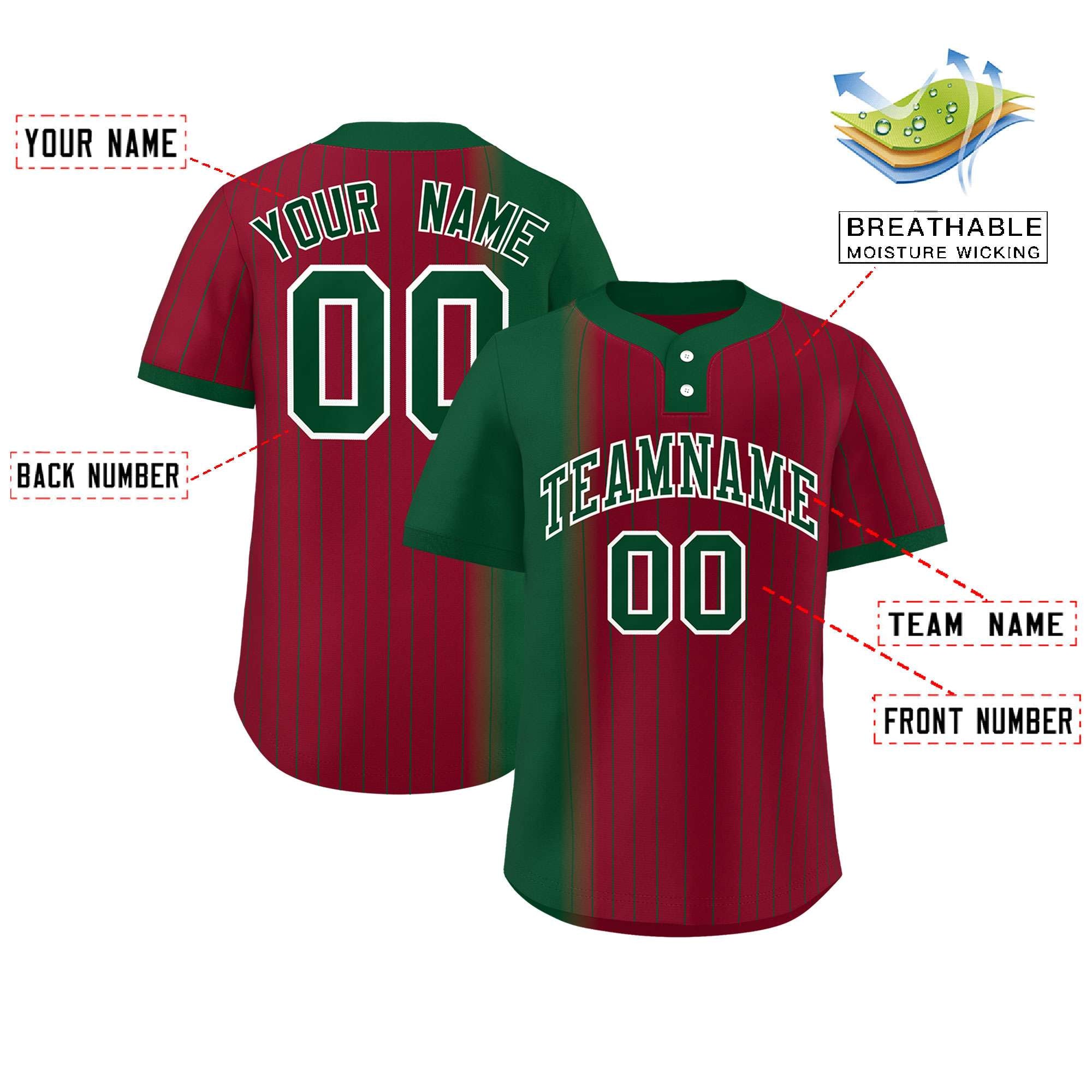 Custom Green Crimson Gradient Stripe Fashion Authentic Two-Button Baseball Jersey