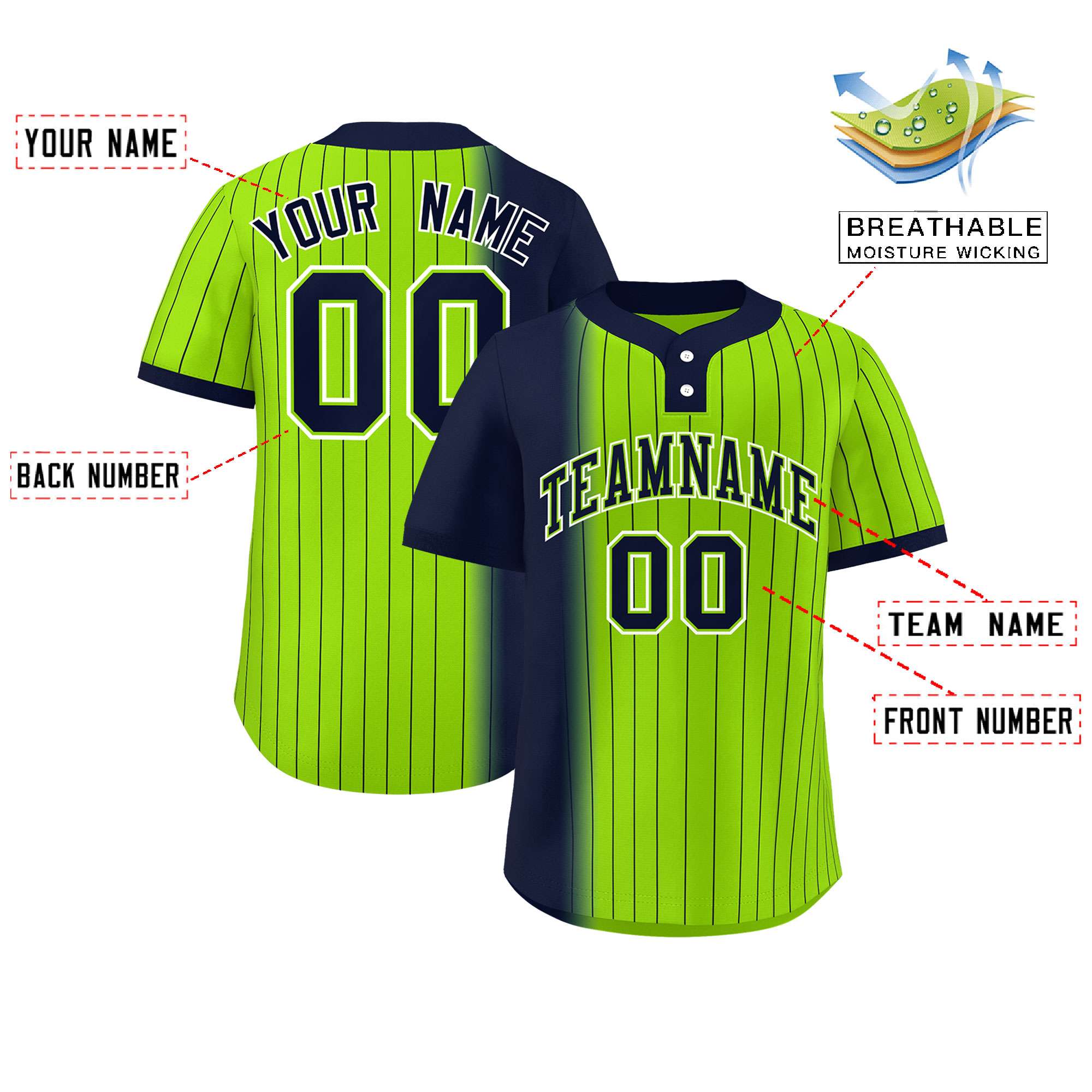 Custom Navy Neon Green Gradient Stripe Fashion Authentic Two-Button Baseball Jersey