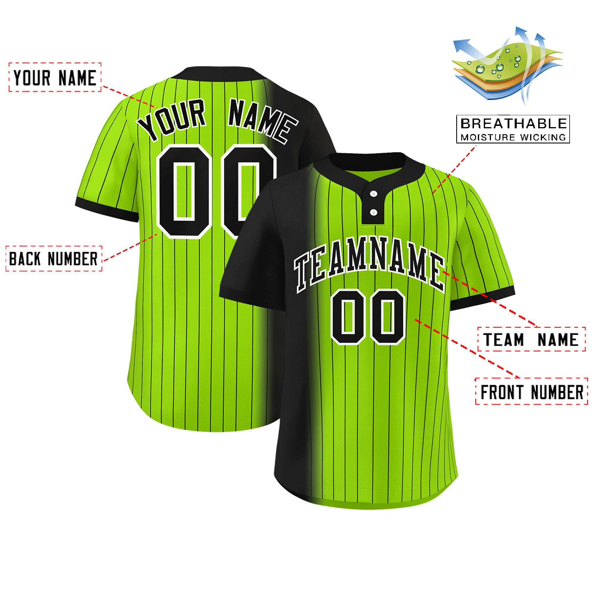 Custom Black Neon Green Gradient Stripe Fashion Authentic Two-Button Baseball Jersey