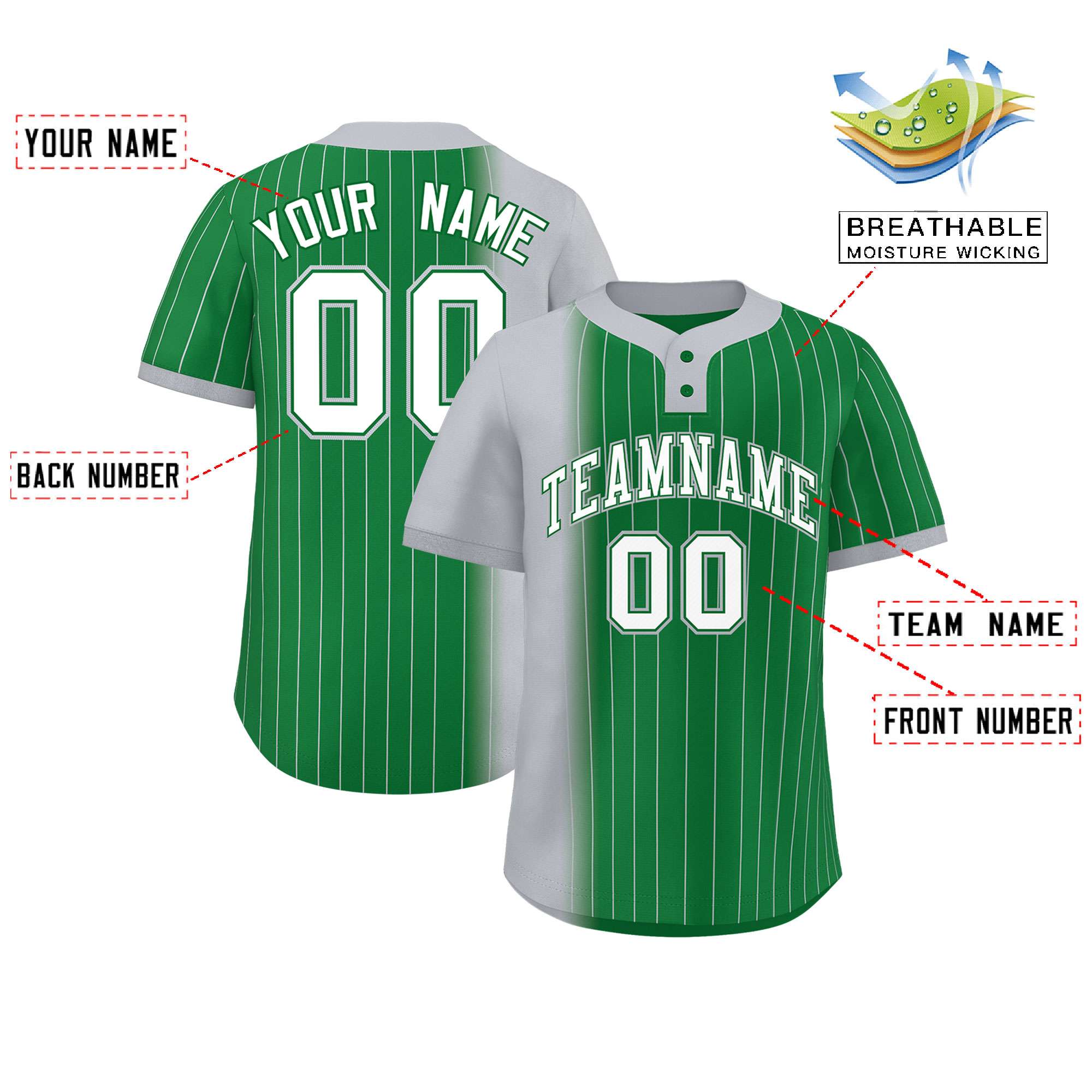 Custom Gray Kelly Green Gradient Stripe Fashion Authentic Two-Button Baseball Jersey