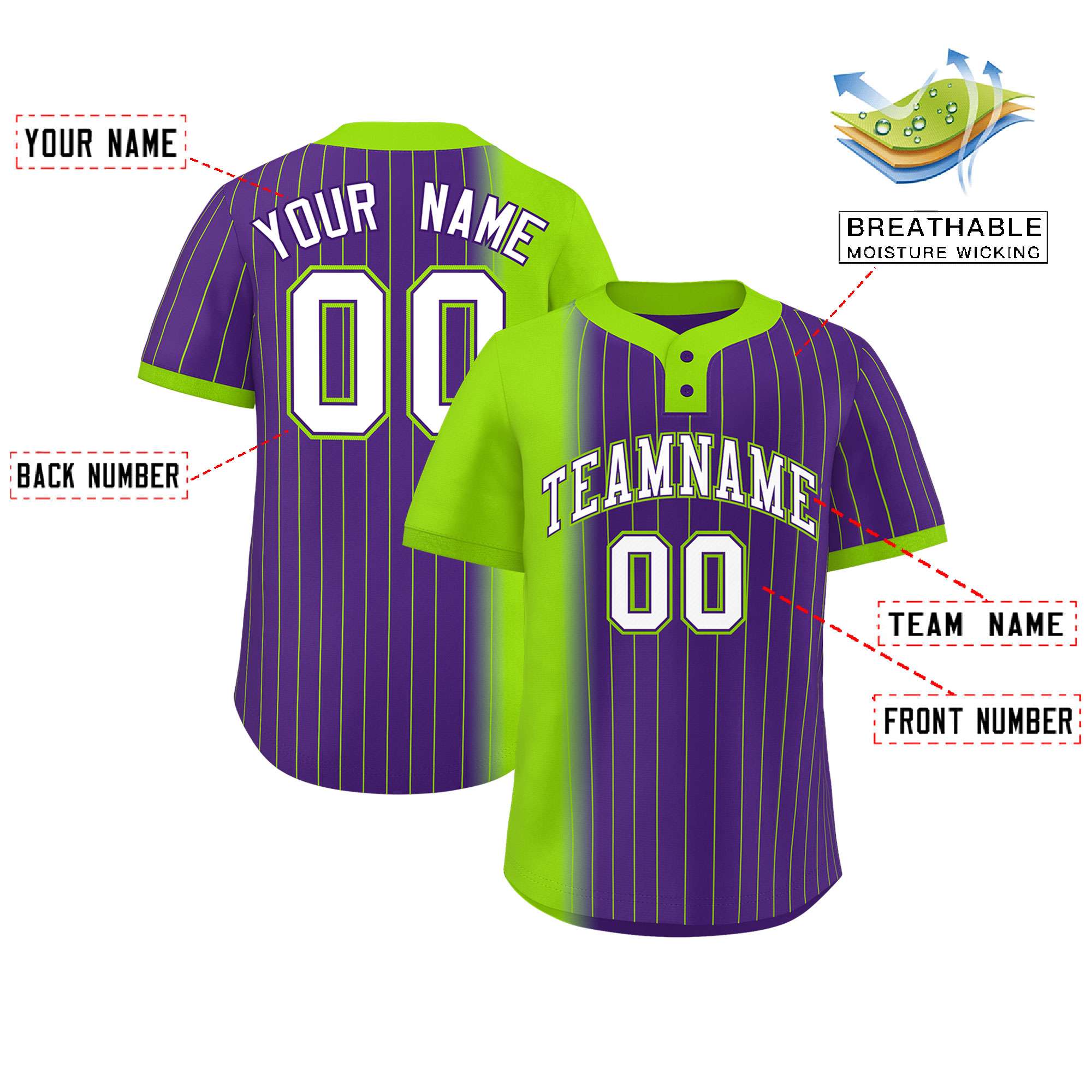 Custom Neon Green Purple Gradient Stripe Fashion Authentic Two-Button Baseball Jersey