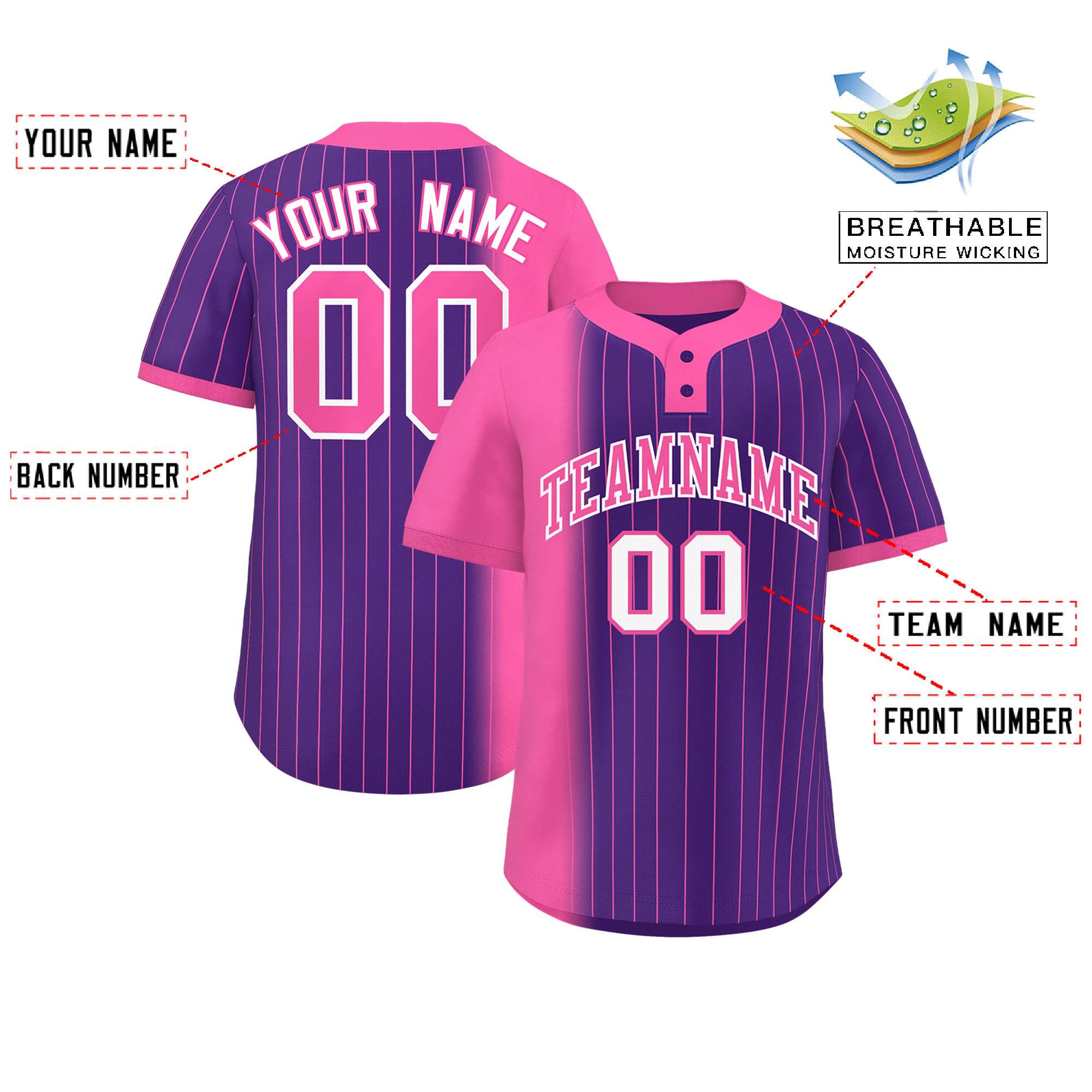 Custom Pink Purple Gradient Stripe Fashion Authentic Two-Button Baseball Jersey