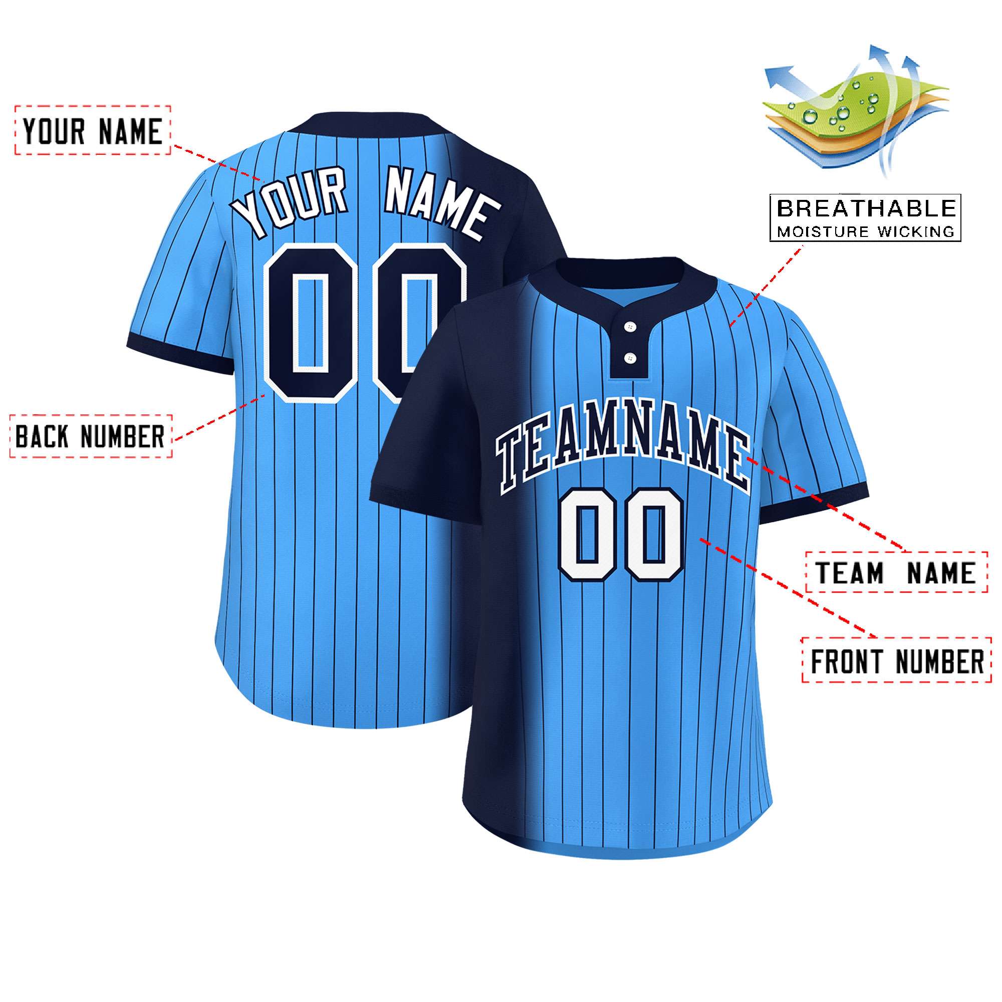 Custom Navy Powder Blue Gradient Stripe Fashion Authentic Two-Button Baseball Jersey