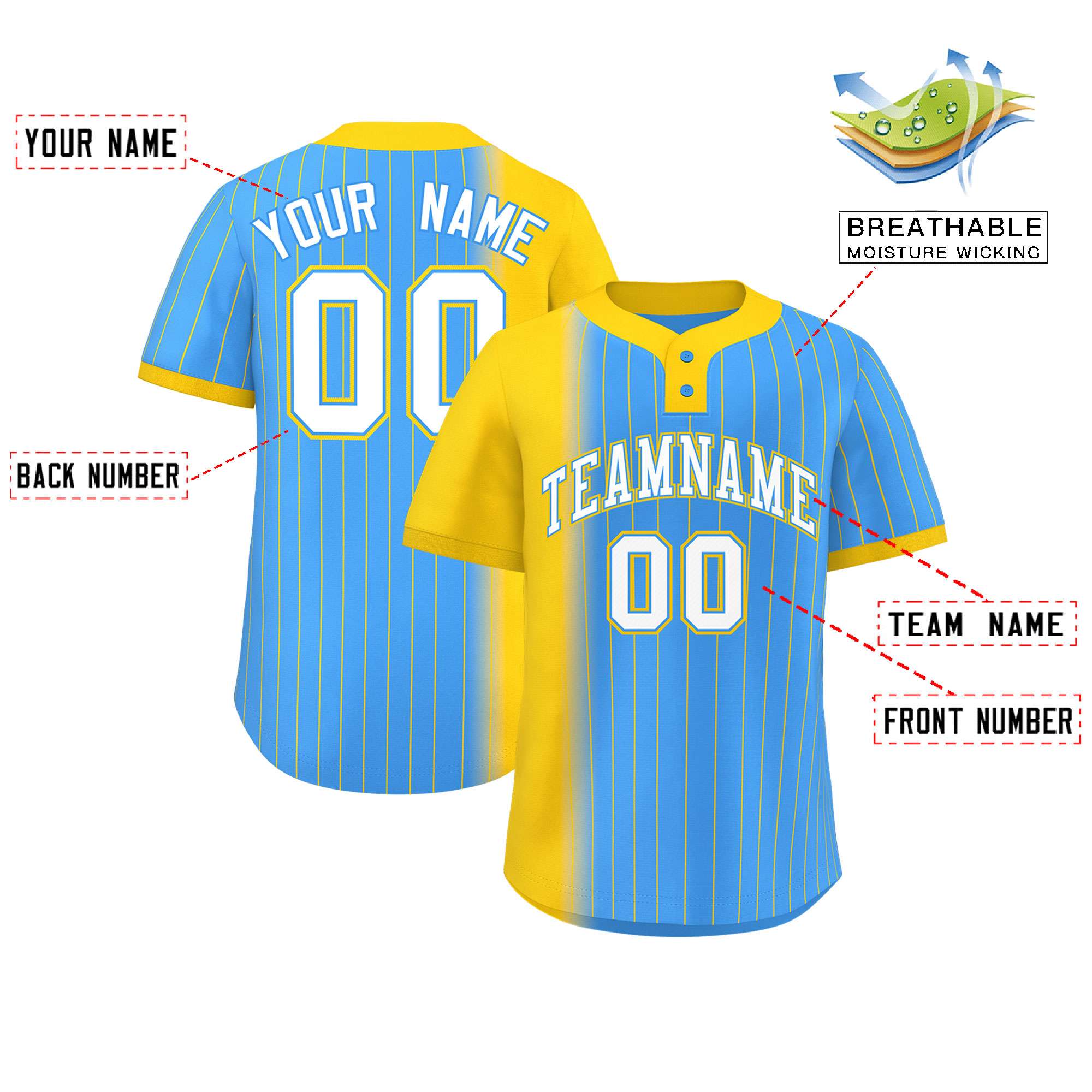 Custom Gold Powder Blue Gradient Stripe Fashion Authentic Two-Button Baseball Jersey