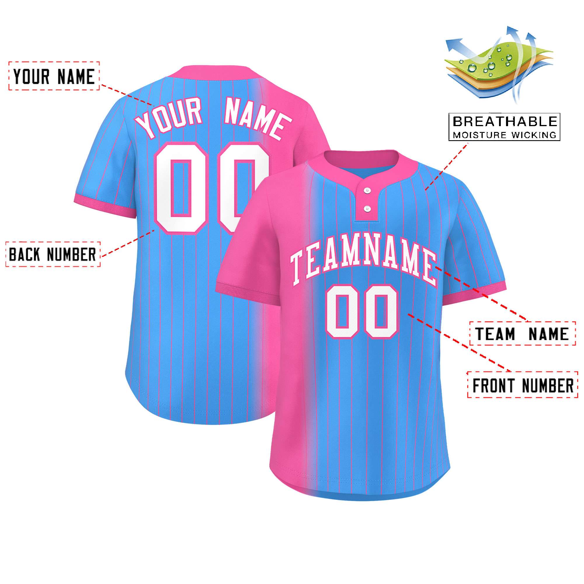 Custom Pink Powder Blue Gradient Stripe Fashion Authentic Two-Button Baseball Jersey