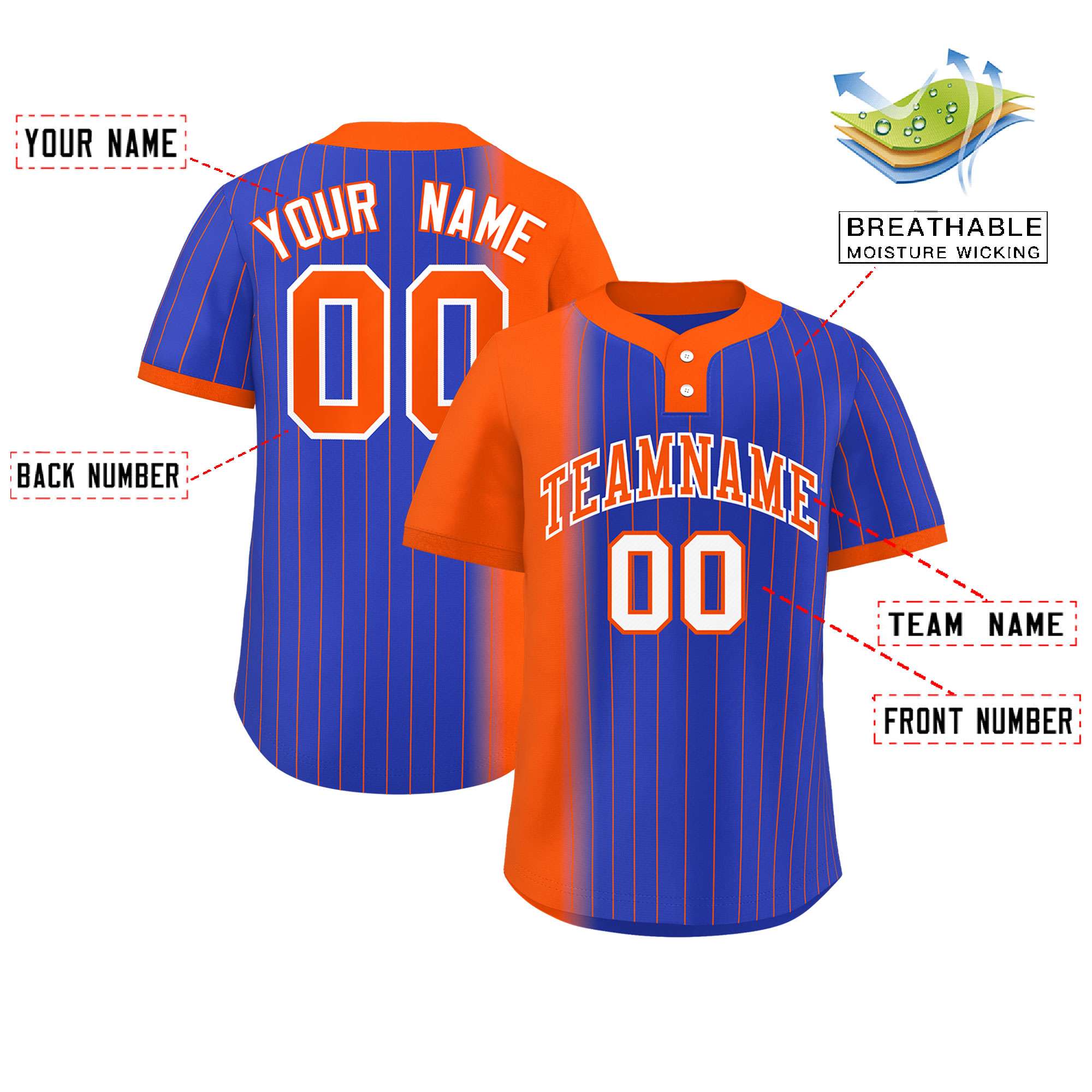 Custom Orange Royal Gradient Stripe Fashion Authentic Two-Button Baseball Jersey