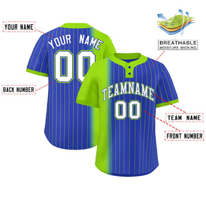 Custom Neon Green Royal Gradient Stripe Fashion Authentic Two-Button Baseball Jersey