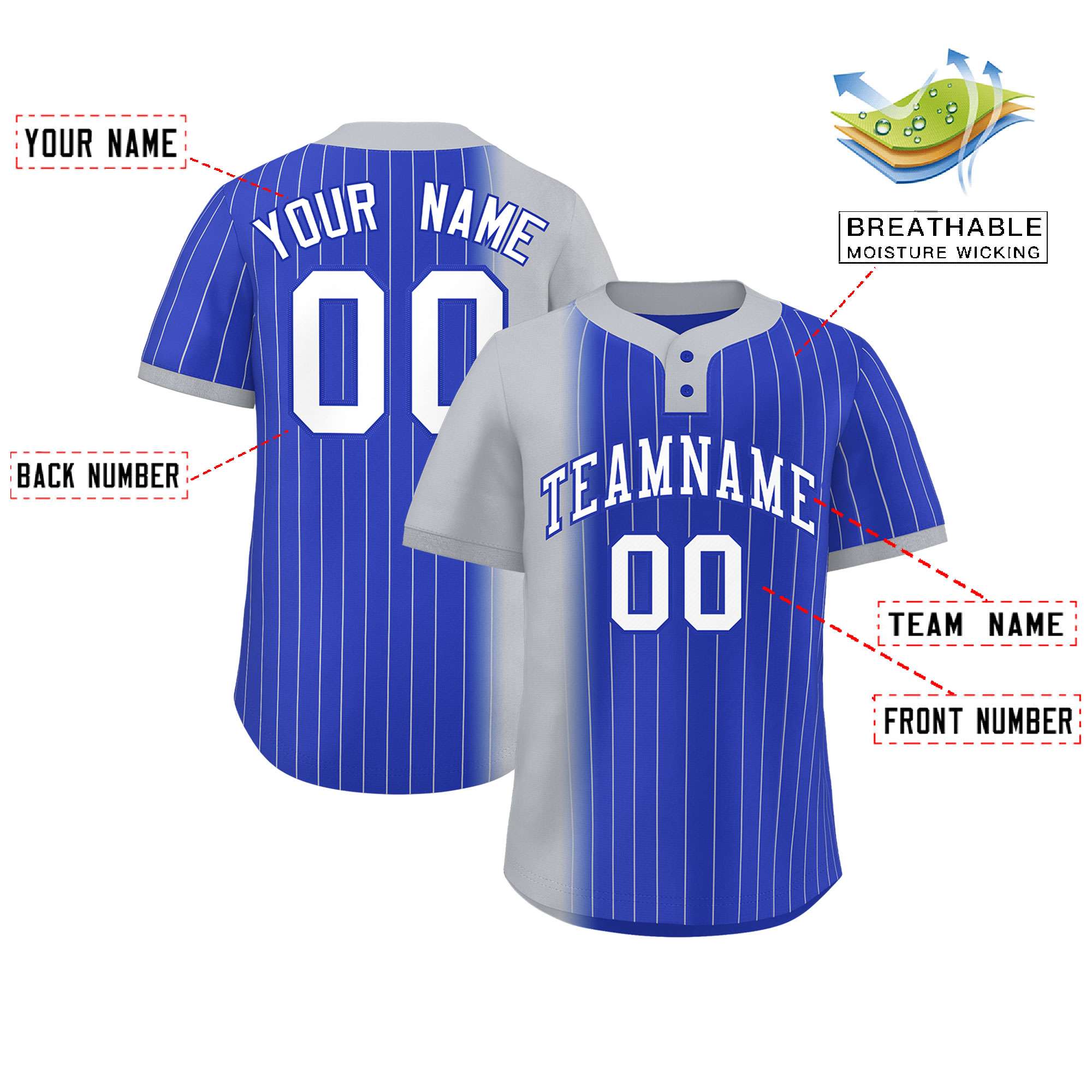 Custom Gray Royal Gradient Stripe Fashion Authentic Two-Button Baseball Jersey