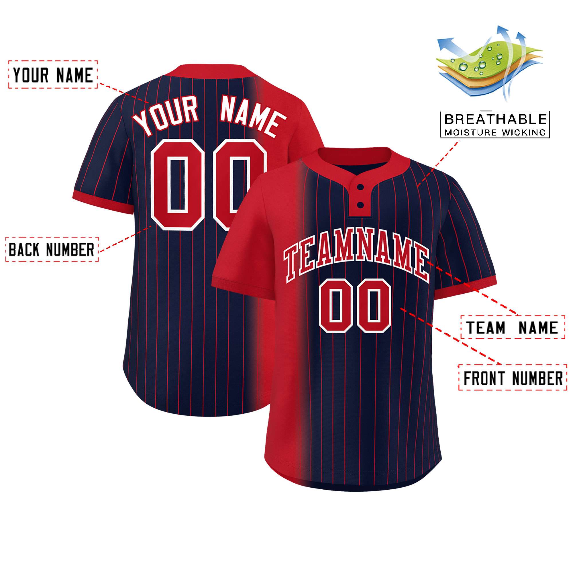 Custom Red Navy Gradient Stripe Fashion Authentic Two-Button Baseball Jersey