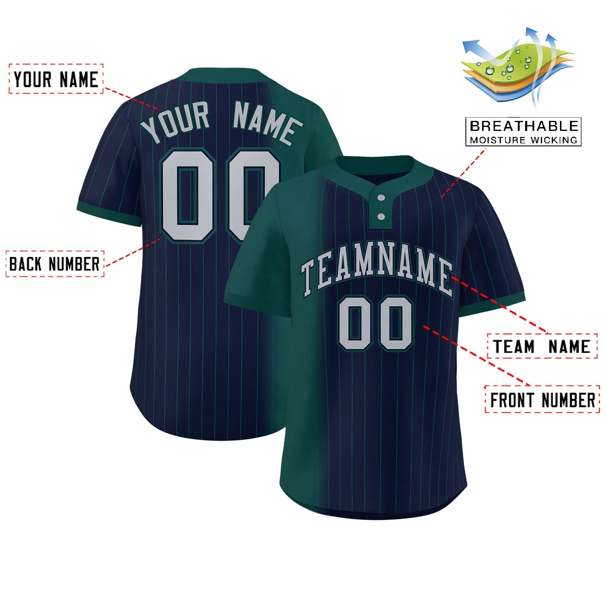 Custom Midnight Green Navy Gradient Stripe Fashion Authentic Two-Button Baseball Jersey