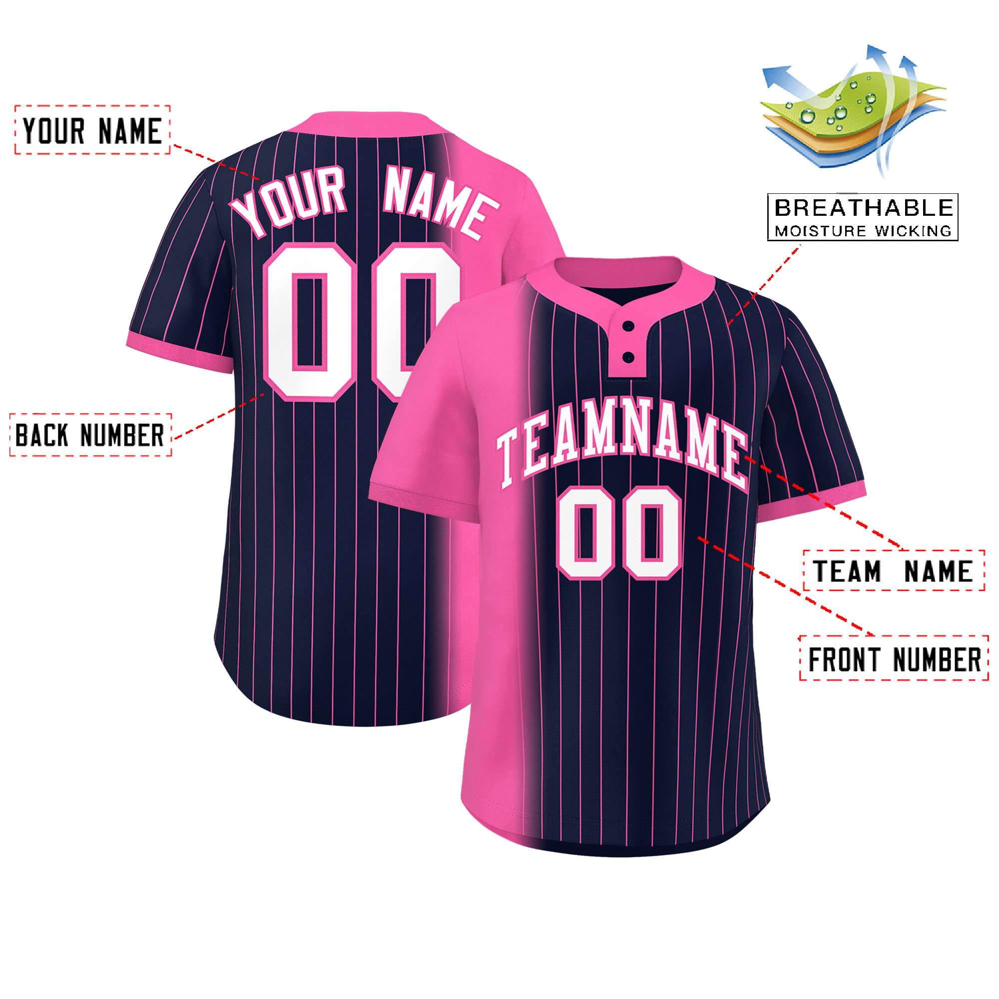 Custom Pink Navy Gradient Stripe Fashion Authentic Two-Button Baseball Jersey