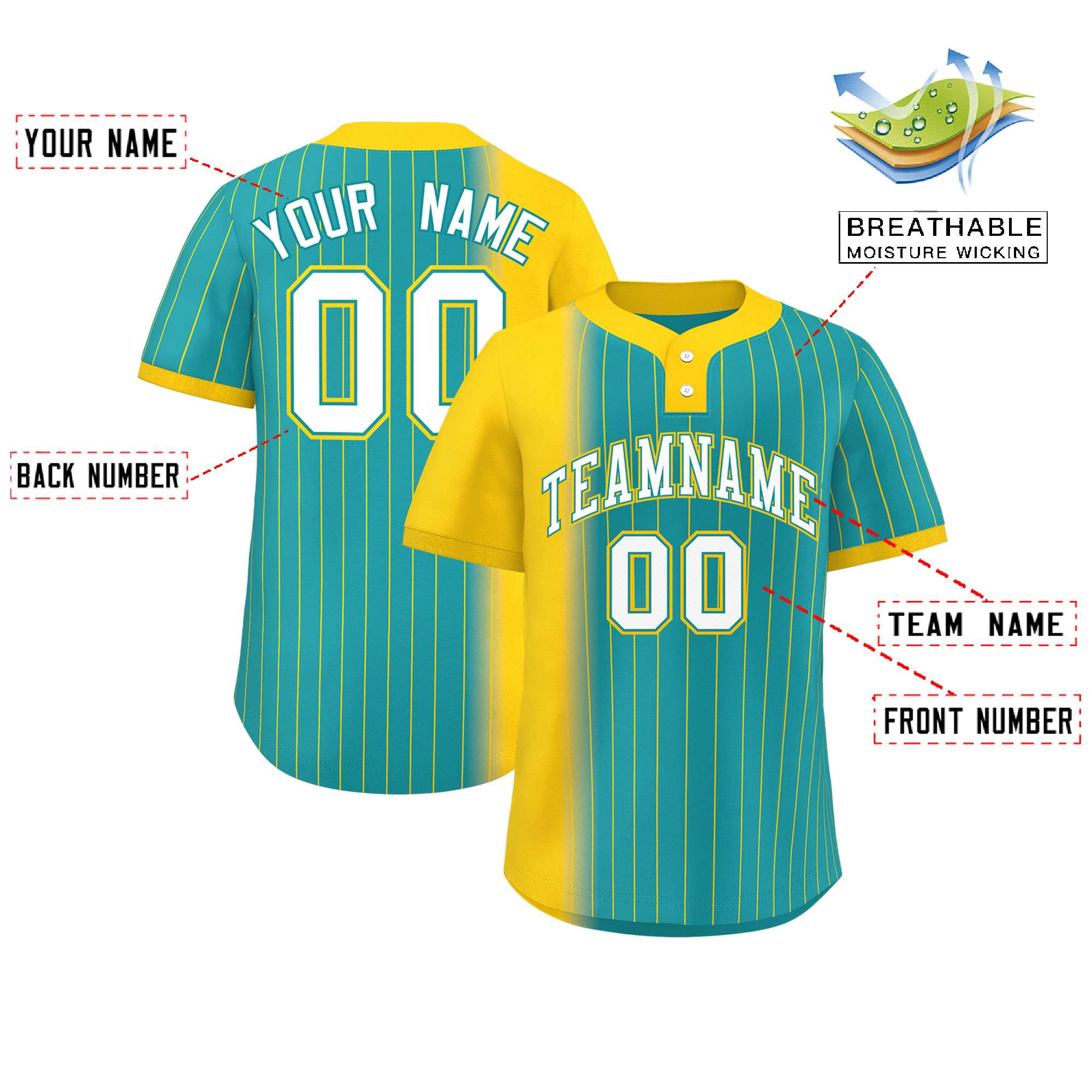 Custom Gold Aqua Gradient Stripe Fashion Authentic Two-Button Baseball Jersey