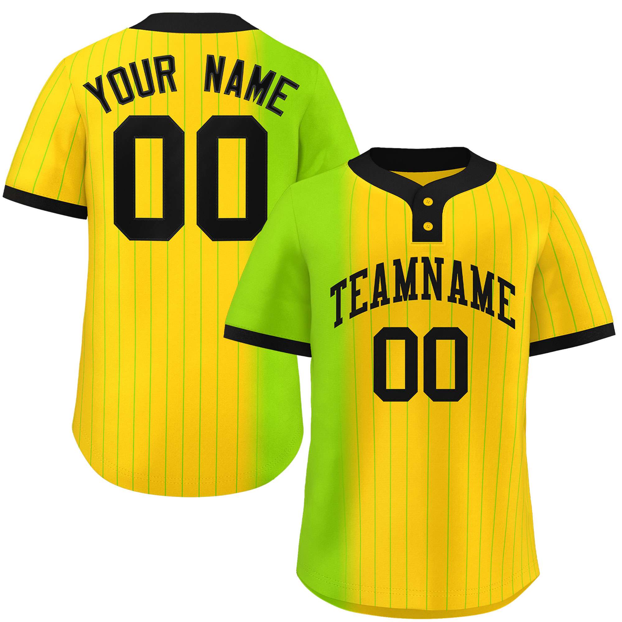 Custom Neon Green Gold Gradient Stripe Fashion Authentic Two-Button Baseball Jersey